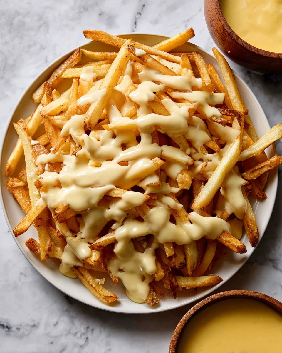 A white plate sits on a white marbled surface, filled with a single layer of thin, golden-brown French fries. Creamy light yellow cheese sauce is drizzled generously over the fries, covering many of them unevenly with smooth, slightly thick texture. To the top right, a wooden bowl holds more of the cheese sauce, showing a rich light yellow color. The overall look is warm and inviting with the contrast between the crispy fries and the soft cheese sauce. Photo taken with an iphone --ar 4:5 --v 7