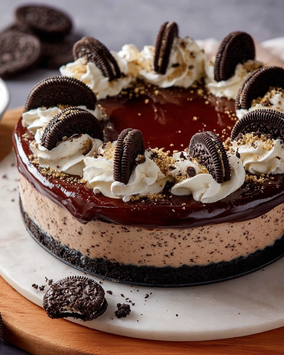 A round dessert with three clear layers is shown on a white marbled surface, sitting on a wooden board. The bottom layer is dark, crumbly, and chocolatey, acting as a crust. Above it is a light brown, smooth mousse layer with small dark specks throughout. The top layer is a shiny, dark chocolate glaze that covers the entire surface. Around the edge of the dessert, there is a ring of white whipped cream piped in swirls, each topped with half of a dark sandwich cookie and sprinkled with cookie crumbs. More whole cookies are scattered on the surface near the dessert. photo taken with an iphone --ar 4:5 --v 7
