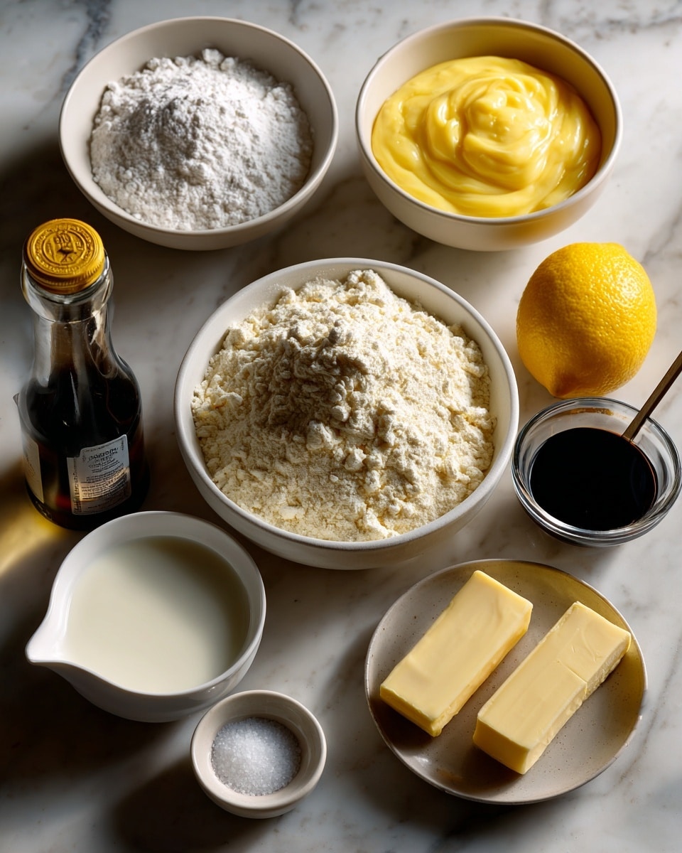 The image shows a white marbled surface with ingredients arranged neatly for a recipe. At the top center, there is a white bowl filled with smooth, bright yellow lemon curd. To the right of it, two sticks of pale yellow salted butter lie side by side. Below the lemon curd, a white bowl is filled with fine, white all-purpose flour. To the right of the flour, there is another white bowl filled with granulated sugar, white and granular in texture. On the far left, a whole yellow lemon sits next to a white bowl containing white powdered sugar with a fluffy texture. Below the lemon and powdered sugar, a small white bowl holds white whole milk. Next to the milk is a small dark bottle of vanilla extract, with a tiny transparent salt container nearby. All objects are placed on a clean, white marbled surface. Photo taken with an iphone --ar 4:5 --v 7