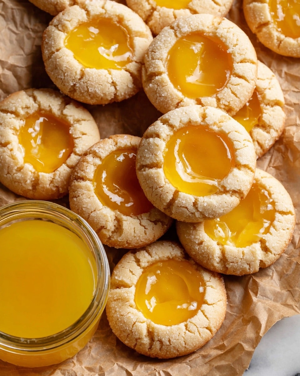 The image shows several round thumbprint cookies arranged close together on crinkled brown parchment paper, each with a pale, soft-looking outer layer of cookie dough that is lightly cracked and a bright yellow, glossy filling in the center that looks smooth and jelly-like. The cookies have a soft texture and slightly cracked edges, and one cookie has a bite taken out of it. Near the cookies is a small jar filled with the same yellow jelly. The whole scene is on a white marbled texture surface, and a part of a white plate is visible at the top right. Photo taken with an iphone --ar 4:5 --v 7