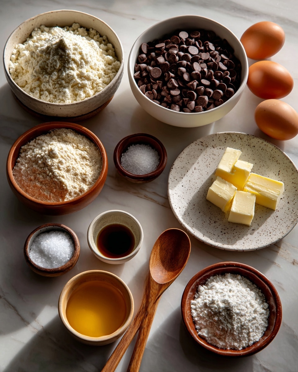 The image shows various ingredients for baking arranged neatly on a white marbled surface. In the center, there is a white bowl filled with round, dark chocolate chips. To the right of it, a speckled white plate holds two brown eggs side by side. Below the eggs, a white bowl contains flaky white sea salt with a wooden spoon resting beside it. Directly below the chocolate chips is a small white bowl of melted salted butter, shining with a smooth yellow texture. Next to the butter bowl, a tiny brown bowl holds dark vanilla extract. To the left center, an orange-brown bowl is filled with light beige coconut flour, and above it, a medium-sized brown bowl contains amber-colored honey. Above the honey is a rustic brown dish with white granulated sugar, and to its left, a small brown bowl holds white baking soda with a powdery texture. Below the baking soda, there is a small brown dish with white baking powder and salt mixed together. Two wooden spoons with rounded handles are placed nearby, one closer to the vanilla bowl. The overall scene is clean and minimal, with a soft natural light highlighting the colors and textures of each ingredient. Photo taken with an iphone --ar 4:5 --v 7