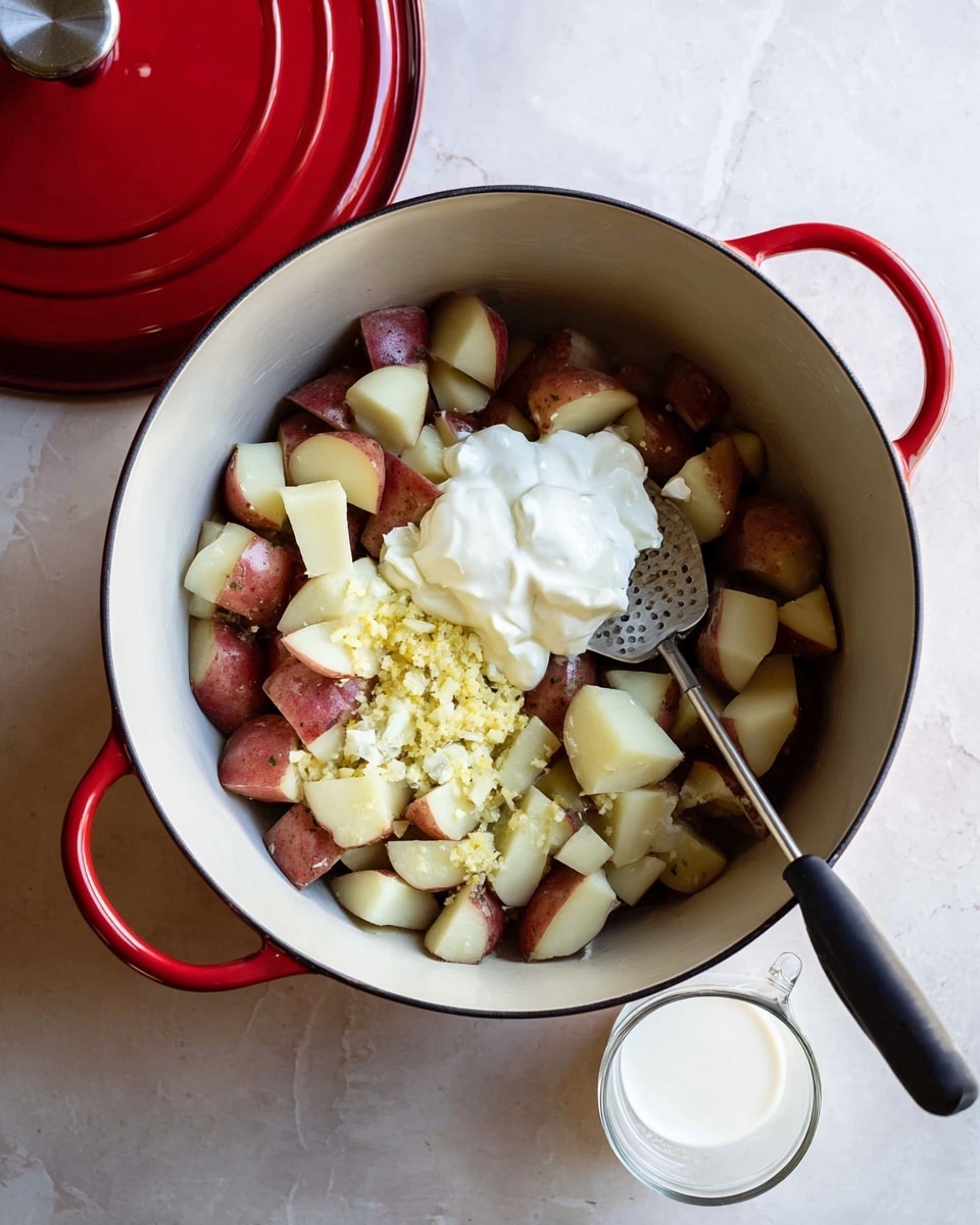 A white pot filled with three layers of ingredients: the bottom layer has chopped red-skinned potatoes, cut into medium chunks; on top of them are small bits of minced yellow garlic spread evenly; the third layer includes a dollop of white creamy sour cream and a small piece of yellow butter. A metal potato masher with a black handle is partially pressing down the potatoes on the right side of the pot. The pot has red handles and a red lid placed to the left on a white marbled surface. A glass measuring cup with white milk is positioned at the bottom right corner. Photo taken with an iphone --ar 4:5 --v 7