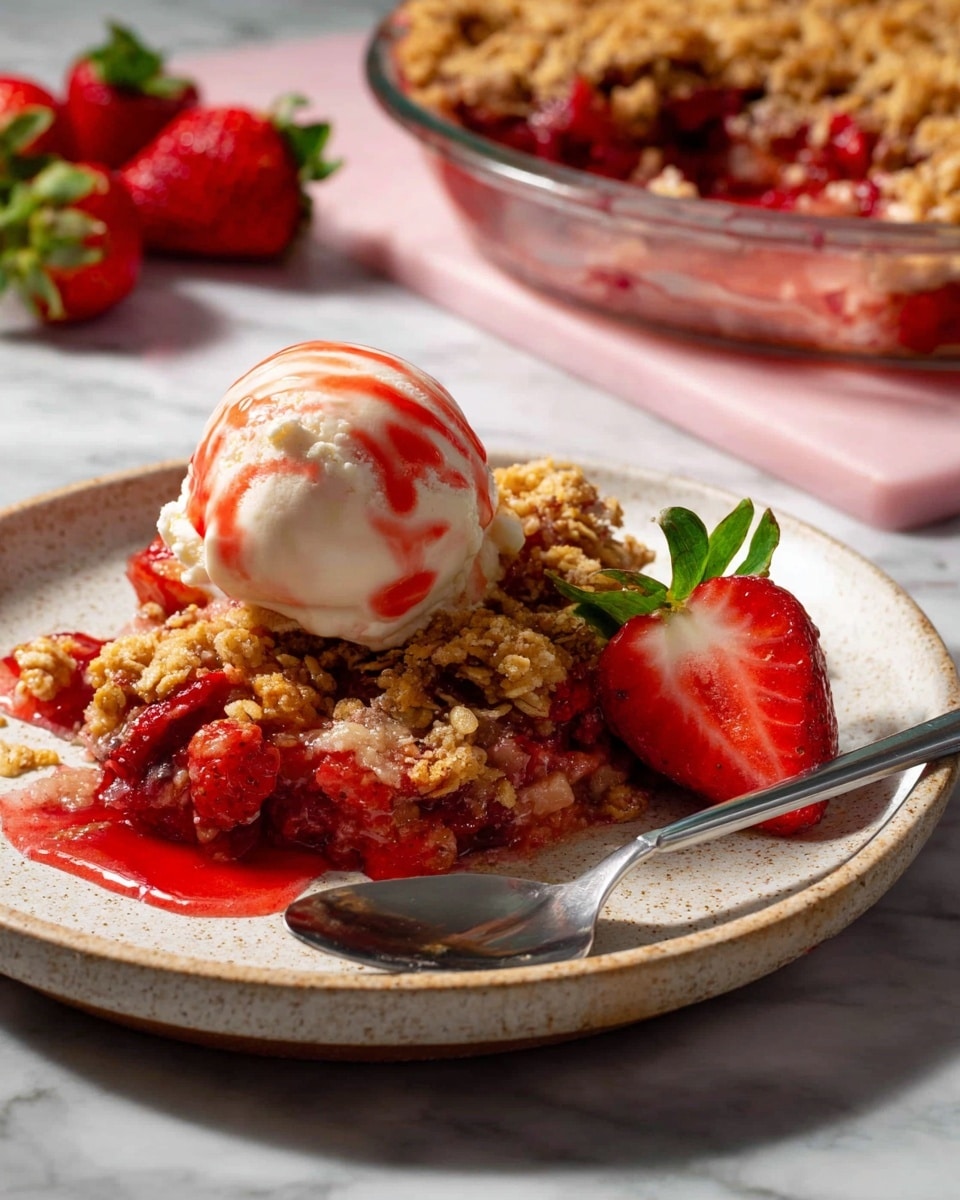 A white speckled plate holds one layer of chunky strawberry crumble with baked strawberries visible beneath a layer of golden crumb topping mixed with oats, giving a rough texture and warm color. On top is a round scoop of creamy vanilla ice cream marbled with red strawberry syrup. A halved fresh strawberry rests beside the crumble, showing its bright red inside and green leaves. A silver spoon lies on the right side of the plate. The plate sits on a white marbled surface with a glass pie dish filled with more strawberry crumble in the blurred background. photo taken with an iphone --ar 4:5 --v 7