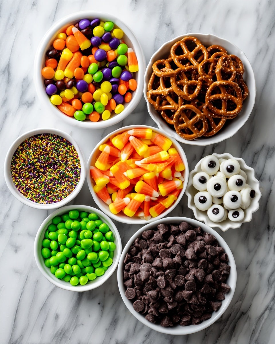 The image shows seven small white bowls arranged on a white marbled surface, each filled with different colorful snack items. The biggest bowl at the bottom right contains dark brown chocolate chips, while the bowl just above it holds orange, yellow, and white candy corn pieces. To the bottom left, a bowl contains multi-colored sprinkles in green, purple, black, and orange. Above that, a smaller bowl has green and purple round sprinkles. Near the top center is a bowl filled with brown pretzel twists. To the right of the pretzels, a scalloped white bowl holds large white candy eyes with black centers, and next to it, a smaller bowl contains smaller candy eyes. At the top left, a bowl is full of colorful round candies in red, green, yellow, and purple shades. Photo taken with an iphone --ar 4:5 --v 7