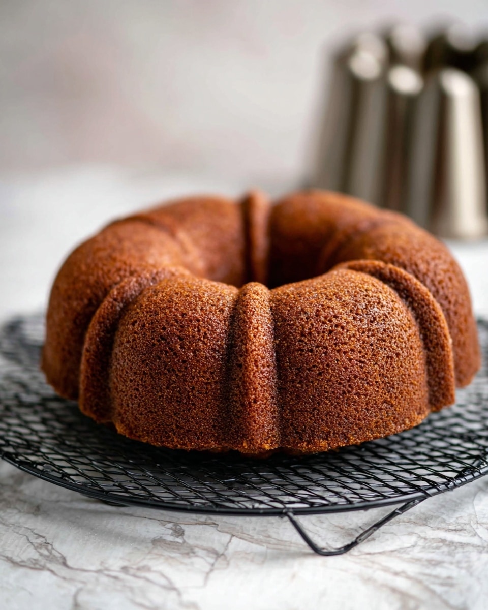 A single round bundt cake with a rich brown color and a textured surface sits on a black metal cooling rack, which is placed on a white marbled surface. The cake has deep ridges and a hole in the center, showing its classic bundt shape. In the background, there is a metallic bundt cake mold slightly out of focus. The scene captures the cake as the main subject, with soft lighting highlighting the texture and warm tones. photo taken with an iphone --ar 4:5 --v 7