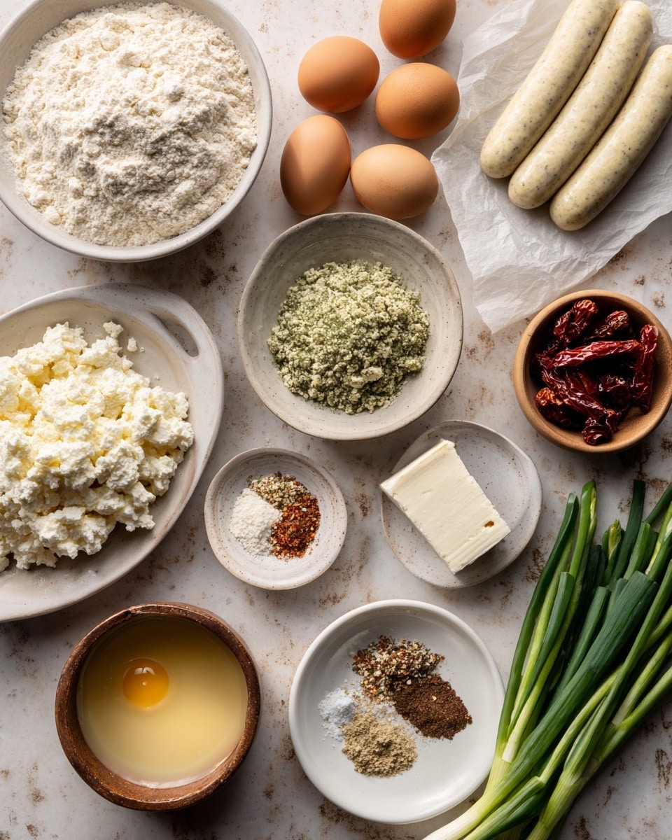 The image shows individual ingredients arranged neatly on a white marbled surface. There are white bowls and plates holding flour (light beige powder), cottage cheese (white with curds texture), baking powder (fine white powder), and hemp hearts (small pale green seeds). A small wooden bowl contains small brownish-green hemp hearts. Fresh green onions, two brown eggs, and a small dish of sundried tomatoes with dark red and slightly shiny pieces add color. A block of white feta cheese sits in a small white bowl. Two pale beige chicken sausages rest on a piece of parchment paper. A small white plate has mixed seasonings and salt with red, green, and light brown specks. A rustic brown bowl holds slightly yellow liquid egg whites. The ingredients are spaced out clearly and labeled with plain text. Photo taken with an iphone --ar 4:5 --v 7