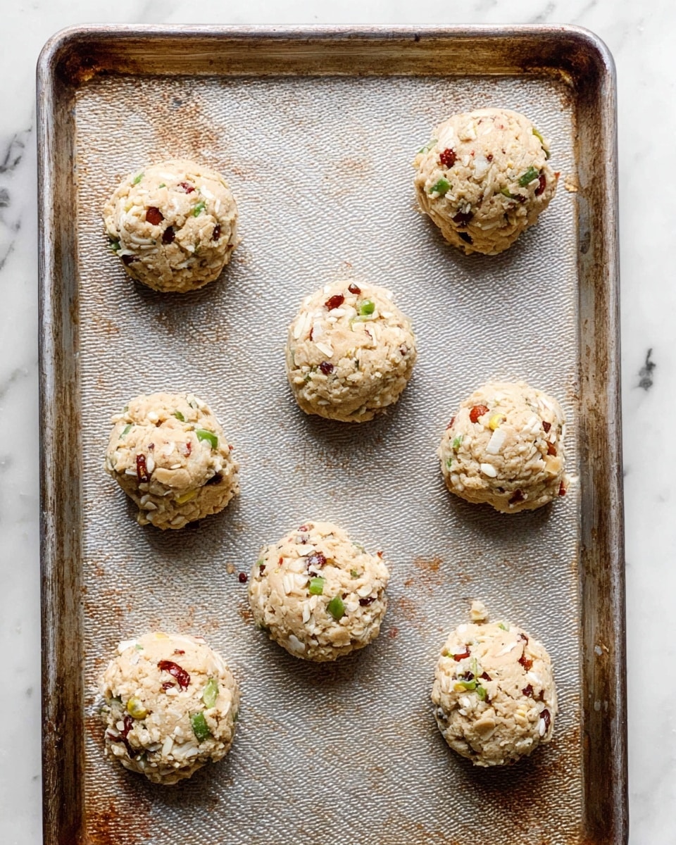 The image shows eight raw cookie dough balls spaced out on a metal baking sheet with a textured surface. Each dough ball is round but uneven in shape and contains visible chunks of white, green, and reddish bits, suggesting ingredients like oats, small vegetable pieces, or dried fruits. The dough is light beige with a slightly rough texture, and the baking sheet has some brown baked-on spots giving it a used look. The baking sheet is placed on a white marbled surface. Photo taken with an iphone --ar 4:5 --v 7