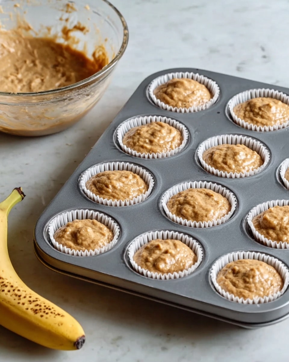 A gray muffin tin with twelve white paper liners filled with light brown thick batter is placed on a white marbled surface. To the left of the muffin tin, part of a clear glass bowl with some remaining light brown batter can be seen. A ripe yellow banana with spots lies near the bottom left corner of the image. The scene is bright with soft natural light. photo taken with an iphone --ar 4:5 --v 7