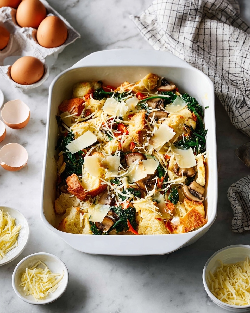 A white square baking dish filled with layers of fluffy bread pieces in light golden color, mixed green leafy vegetables, small diced orange carrots, and sliced brown mushrooms. The dish is topped with thin sliced pale yellow cheese pieces and shredded white cheese scattered unevenly. The baking dish rests on a white marbled surface with cracked egg shells in a carton to the top left and a checkered kitchen towel draped to the right. Small white bowls with some shredded and sliced cheese surround the dish. Photo taken with an iphone --ar 4:5 --v 7
