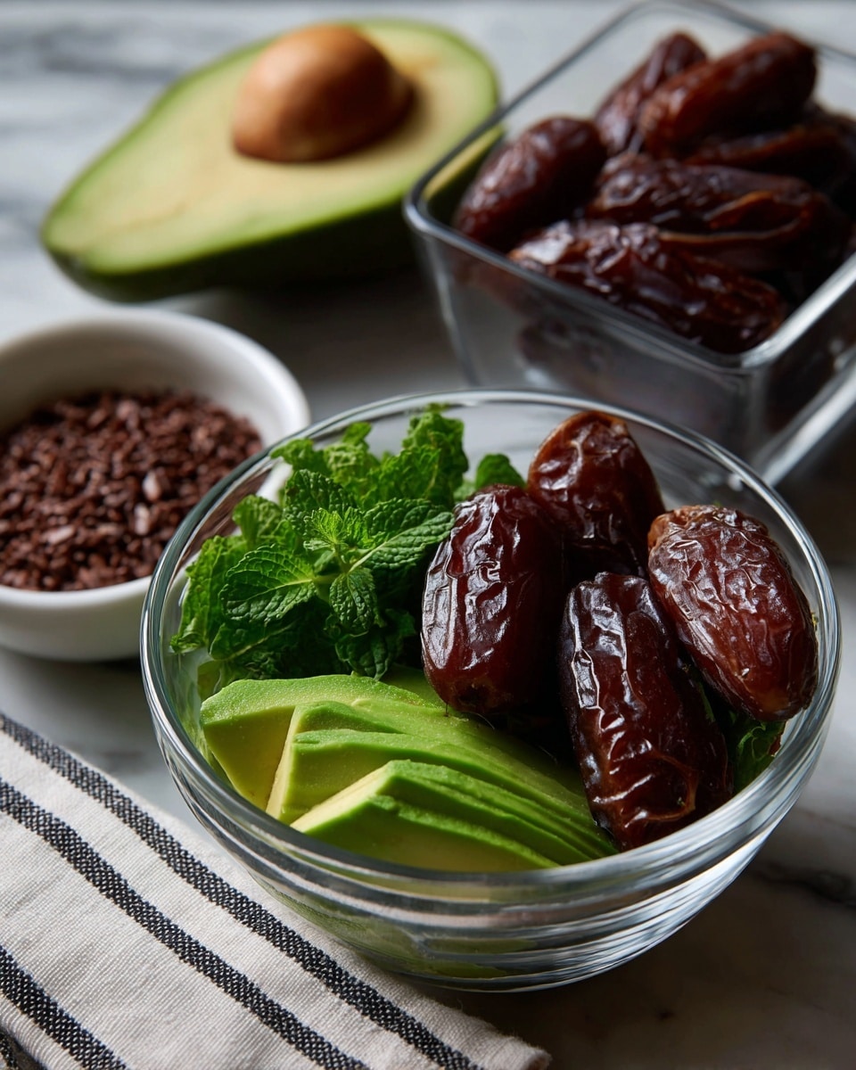 A clear cup shows three layers inside: at the bottom is a smooth green slice of avocado, above it is a layer of fresh dark green mint leaves with texture visible, and on the top are three shiny, wrinkled brown dates. Next to the cup on a white marbled surface is a half avocado showing its seed and light green soft flesh, four whole brown dates, and a small white bowl filled with tiny dark brown cacao nibs. A clear plastic container with a bright green and yellow label reading