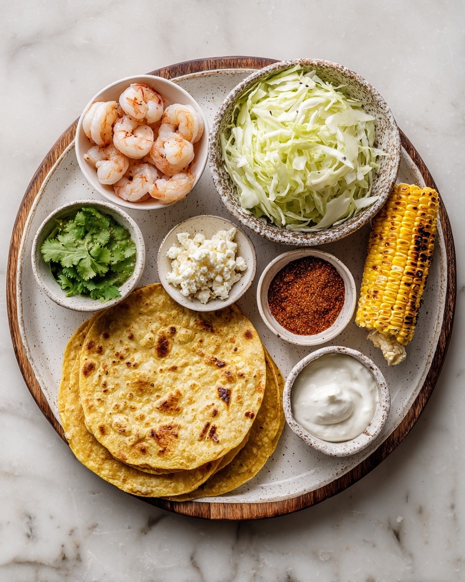 A round white speckled plate holds two layers of golden tortillas with a textured surface at the bottom center of a wooden round tray. Just above the tortillas is a small white bowl filled with bright green cilantro leaves. To its right is a light pink bowl with smooth white sour cream. In the middle of the tray, a larger speckled white plate has pale raw shrimp with translucent grey and pink shades. Above the shrimp, a rustic white bowl with dark speckles contains a mound of thinly sliced light green cabbage. To the right of the cabbage, there is a small white bowl full of finely ground rusty reddish-brown taco seasoning. Next to the seasoning, a small white bowl contains crumbly white queso fresco cheese. On the far right edge, a whole piece of grilled yellow corn with brown grill marks rests vertically. On the left side of the tray, a white bowl holds bright green chunky salsa verde. The tray is placed on a white marbled surface. photo taken with an iphone --ar 4:5 --v 7