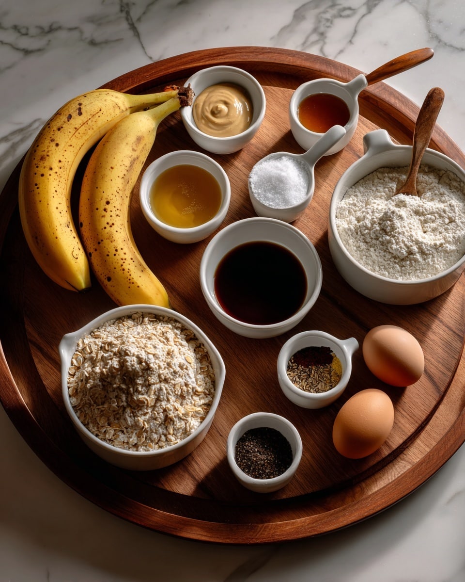 A round white tray holds a dark wooden round board with various baking ingredients neatly arranged in small white ceramic bowls and measuring cups. On the left, two ripe yellow bananas with brown spots rest at the edge. Nearby, there is a small white bowl of light beige tahini and a small white bowl of amber maple syrup. At the top center is a small white bowl filled with dark golden vanilla liquid, and to its right is a small white bowl with white baking powder and soda powder. Two white measuring cups hold oat flour (light beige powder) and almond flour (slightly creamier powder) on the right side of the wooden board. Two whole brown eggs sit at the bottom right near a small white bowl of dark black molasses and another small bowl of mixed brown spices. In the center sits a small white bowl with clear oil. The background and surface are white marble. Photo taken with an iphone --ar 4:5 --v 7