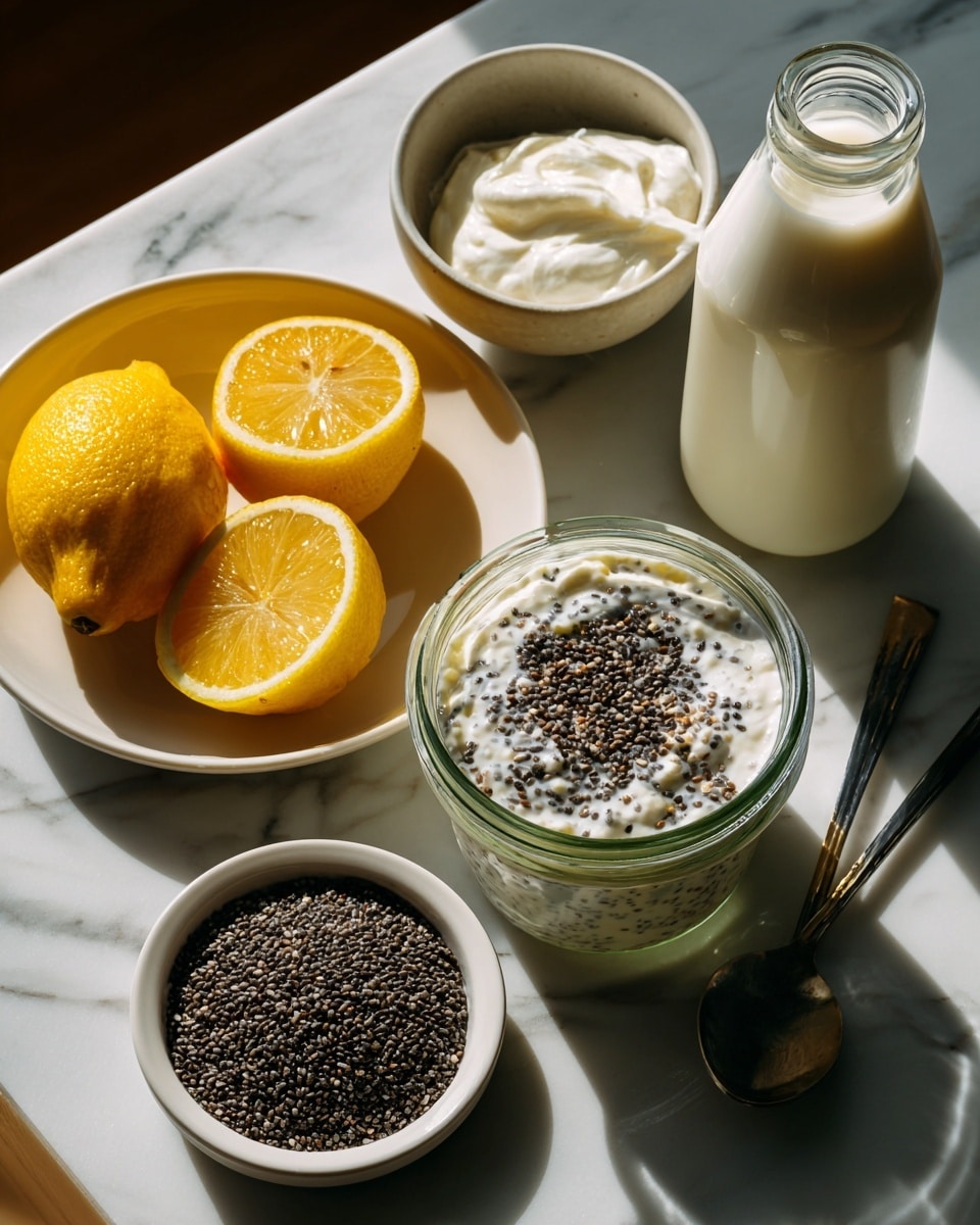 The image shows a white marbled surface with several ingredients arranged neatly. In the center, there is a clear glass jar filled with a creamy white mixture with black chia seeds evenly spread throughout. To the top left, a small white bowl holds coconut milk yogurt with a torn foil lid resting on it, showing the brand and coconut image on the lid. A whole lemon, halved, is placed on a small white plate on the left side, showing bright yellow juicy flesh. Below, there is a small white bowl filled with dark chia seeds, contrasting with the white background. On the right side, a white bottle of milk lies on its side, with the opening pointing toward the center. The overall setup is bright and clean, with natural light enhancing the fresh textures and colors. Photo taken with an iphone --ar 4:5 --v 7