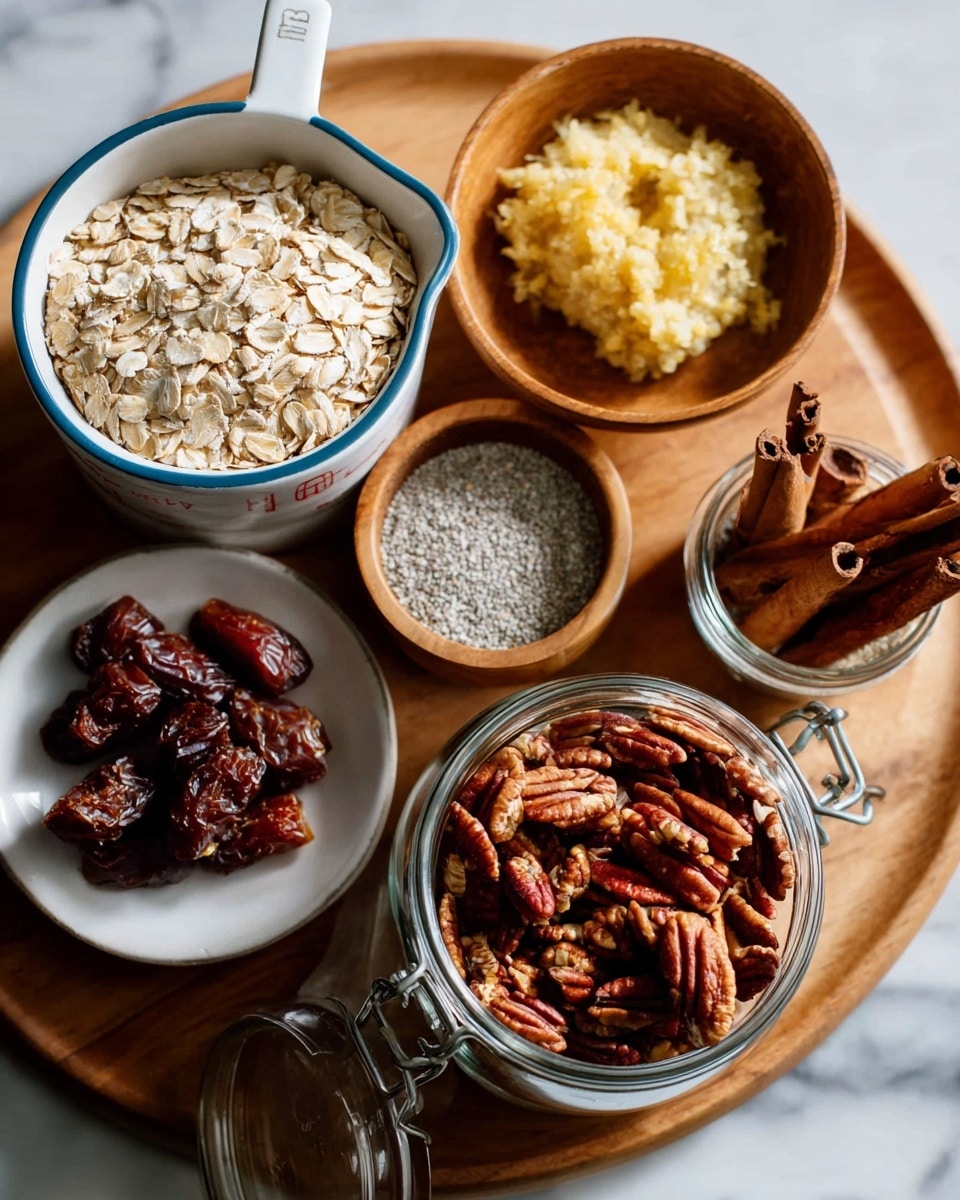 The image shows six containers with ingredients arranged on a round wooden board placed on a white marbled surface. In the top left, a white ceramic measuring cup with blue edges is filled with pale beige rolled oats. To its right, a small wooden bowl holds a light yellow mashed mixture. Below that, a tiny wooden bowl contains fine grayish-white chia seeds. At the bottom left, a small white plate holds chopped dark brown dates. Next to it, on the right, a clear glass jar with a metal latch is filled with whole pecans in shades of brown and reddish-brown. On the top right corner of the board, a small glass holds cinnamon sticks with a warm brown color. photo taken with an iphone --ar 4:5 --v 7