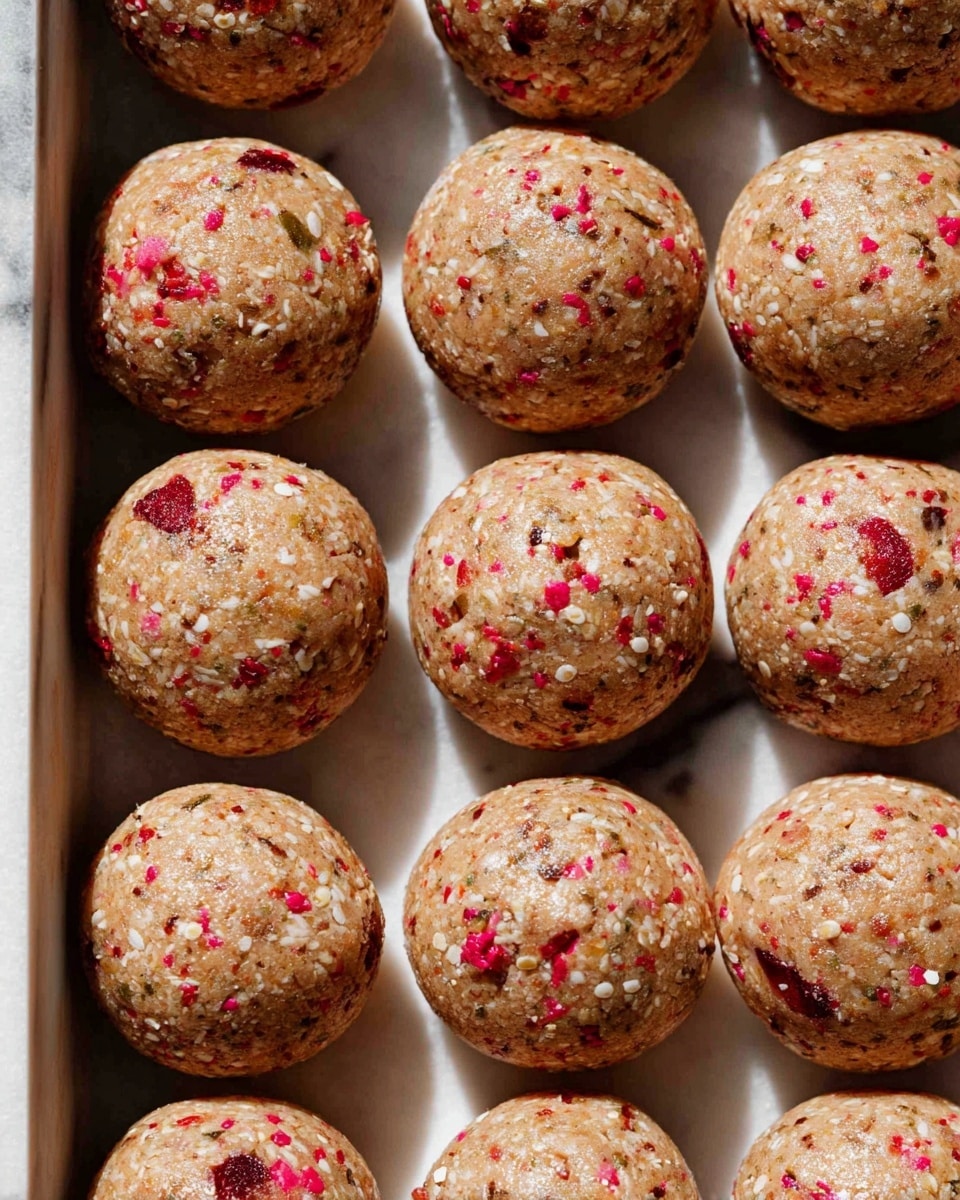 The image shows a white rectangular tray filled with multiple round, small balls made of a mixed texture dough. Each ball is light brown with visible small white bits and bright red specks spread evenly throughout, giving a speckled and slightly rough texture. The balls are close to each other, arranged in a neat grid pattern, highlighting their uniform size and shape. The white marbled surface on the tray contrasts with the natural earth tones of the balls, making the red and white bits stand out clearly. Photo taken with an iphone --ar 4:5 --v 7