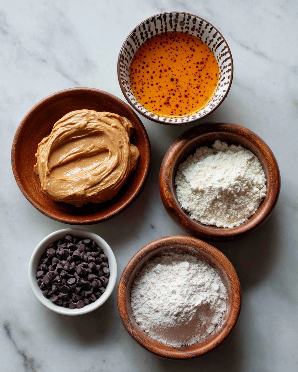 Five bowls with different ingredients are arranged on a white marbled surface. The top bowl is a brown and white patterned bowl filled with a bright orange liquid with specks. Below it to the left is a round wooden bowl holding a creamy light brown paste with swirls on top. To the right of that is a wooden bowl filled with a white powder that looks like flour. Below and slightly to the right is another wooden bowl containing a fine white powder. At the bottom left, there is a small white bowl filled with dark chocolate chips. The bowls show varied textures and colors, each clearly separate on the white marbled background. photo taken with an iphone --ar 4:5 --v 7