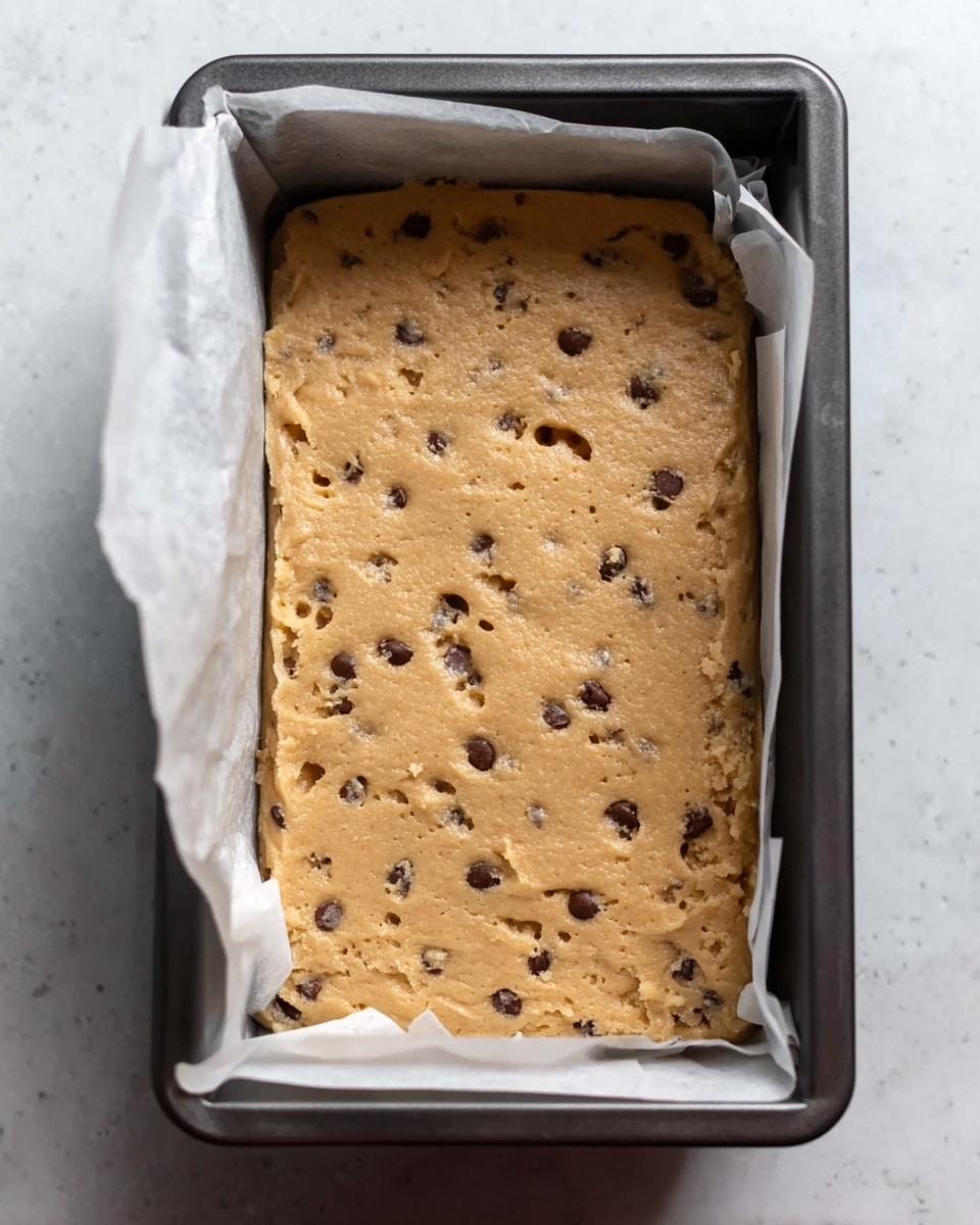 A close-up top view of a baking tin lined with white parchment paper, filled with raw cookie dough that spreads evenly to fill the rectangular shape. The dough is light brown with small darker brown chocolate chips scattered throughout, showing a soft, slightly uneven texture with small air bubbles on the surface. The baking tin is dark-colored and sits on a white marbled surface. Photo taken with an iphone --ar 4:5 --v 7