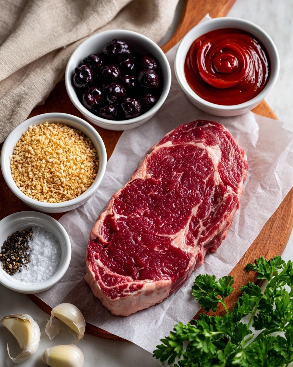 A thick, raw steak with red and pink marbled texture sits on white parchment paper over a wooden board. Above the steak, four small white bowls hold different ingredients: the top left bowl contains dark purple berries with a shiny wet look, the top right bowl has smooth, bright red sauce swirled in a circle, the bottom left bowl is filled with golden tan crushed flakes, and the small center bowl has black pepper and white salt. Two peeled garlic cloves lie on the white marbled surface near the bottom, and fresh green parsley is placed at the bottom right corner. A beige cloth peeks in from the left side. Photo taken with an iphone --ar 4:5 --v 7