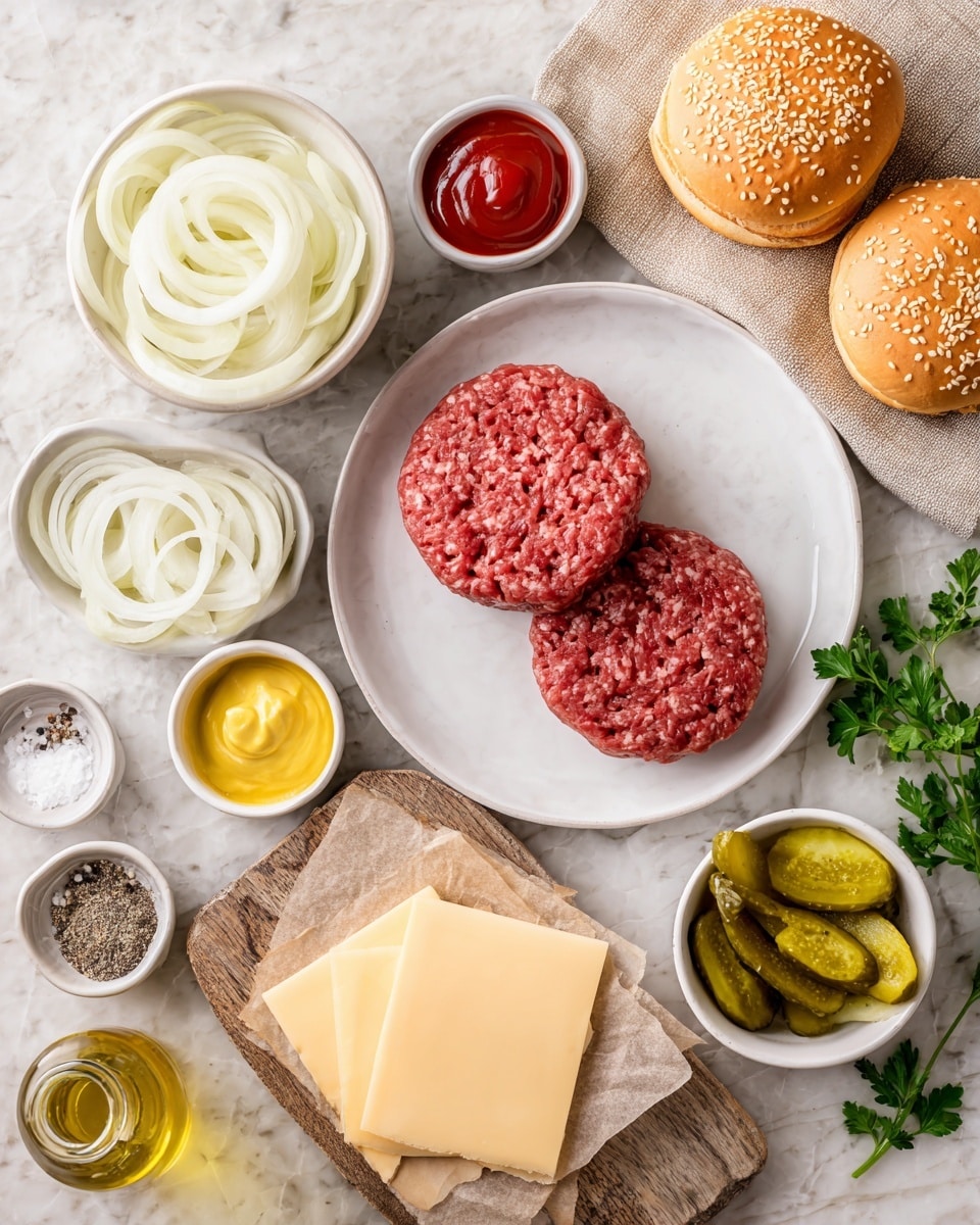 The image shows fresh burger ingredients arranged neatly on a white marbled surface. At the center, two raw beef patties with a chunky texture sit on a white plate. To the top right, there are two sesame seed topped burger buns resting on a beige cloth. A small white bowl of bright yellow mustard and another of red ketchup are placed near the buns. To the left, a white bowl holds thinly sliced white onions arranged in layers. Below that are small glass and white bowls filled with coarse salt and ground black pepper, respectively. In the bottom center, a bowl on a wooden board contains bright green pickle slices, while next to it are three square slices of pale yellow cheese laid flat on wax paper. A small bottle with golden olive oil and some green parsley sprigs complete the setup. Photo taken with an iphone --ar 4:5 --v 7