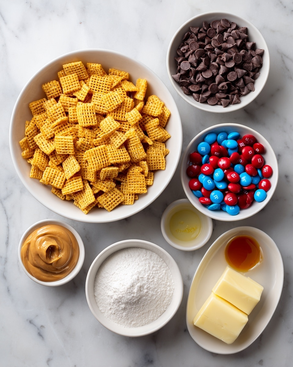The image shows six white bowls on a white marbled surface, each filled with different ingredients. The largest bowl in the center has a yellow-orange Chex cereal with a grid texture. Above it is a medium bowl filled with small, dark brown chocolate chips. To the left, a small bowl contains smooth, light brown peanut butter. Below the cereal bowl is a medium bowl filled with fine, white powdered sugar. On the right, a small bowl holds red and blue M&M candies with a shiny coating. In the bottom right corner, a small bowl contains a light brown vanilla liquid, and near it is a small stick of pale yellow butter. The arrangement is neat and well spaced. photo taken with an iphone --ar 4:5 --v 7