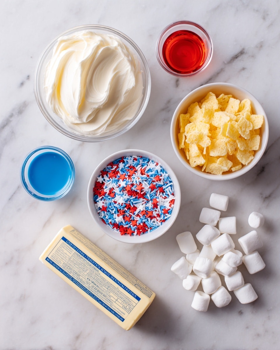 The image shows ingredients neatly arranged on a white marbled surface: at the top left is a clear round bowl filled with creamy white frosting, to its right is a similar bowl filled with yellow crispy cereal pieces. Below and centered is a small white bowl holding red, white, and blue star and stick-shaped sprinkles. On either side of the sprinkle bowl are two tubes of food coloring, one blue tube on the left and one red tube on the right, with scattered white mini marshmallows around and beneath them. At the bottom is a stick of butter in yellow wrapping with blue and white labeling. photo taken with an iphone --ar 4:5 --v 7