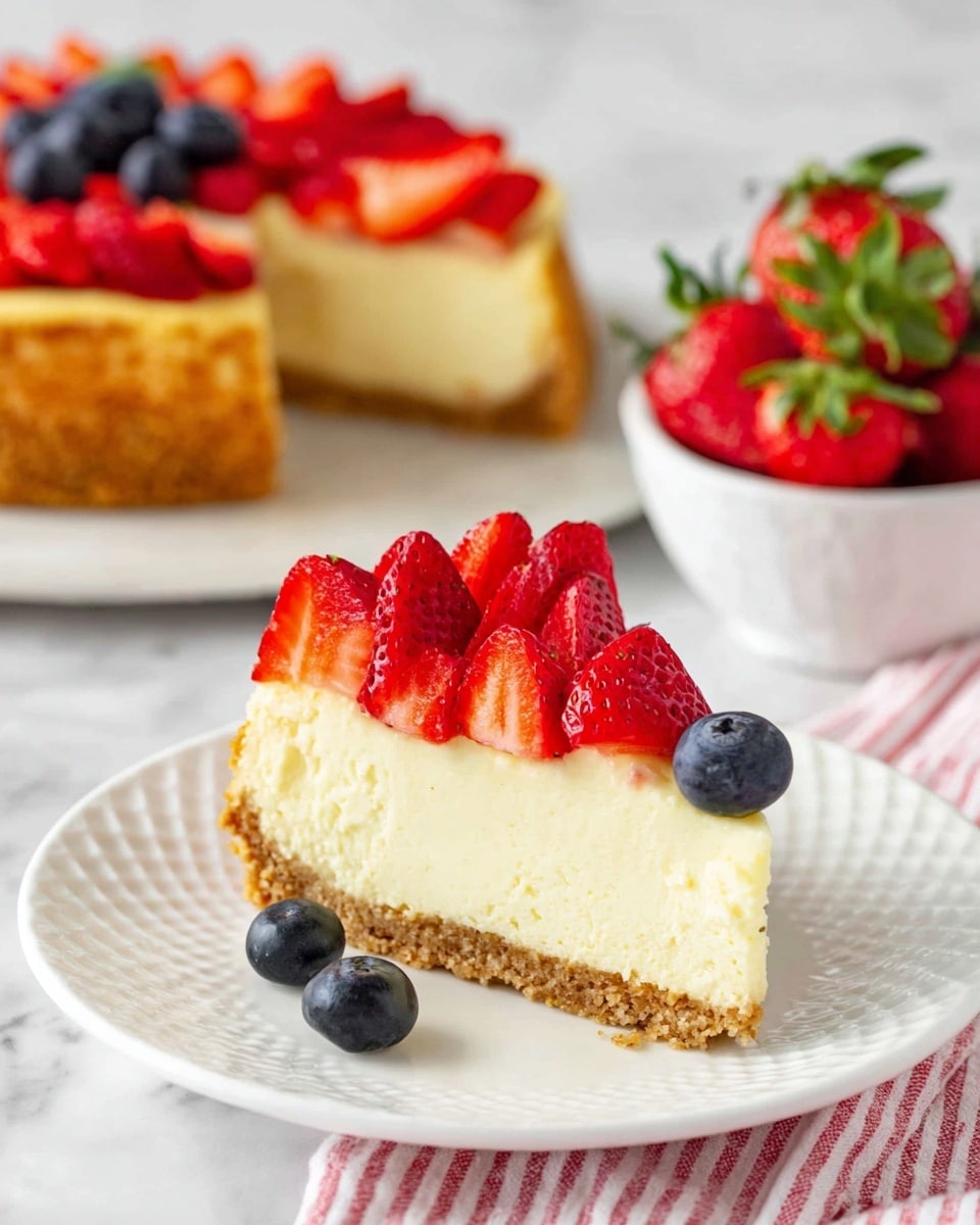 A slice of cheesecake is shown on a white textured plate, with three layers visible: a light brown crumb crust at the bottom, a thick creamy pale yellow cheesecake filling in the middle, and a topping of bright red sliced strawberries arranged in a fan shape with a few plump blue blueberries on one edge. In the blurred background, the remaining cheesecake with similar fruit toppings sits on a dark round base, and a white bowl filled with red strawberries rests on a white marbled surface with a red and white striped cloth nearby. The overall scene is bright and clean with a fresh, inviting look. photo taken with an iphone --ar 4:5 --v 7