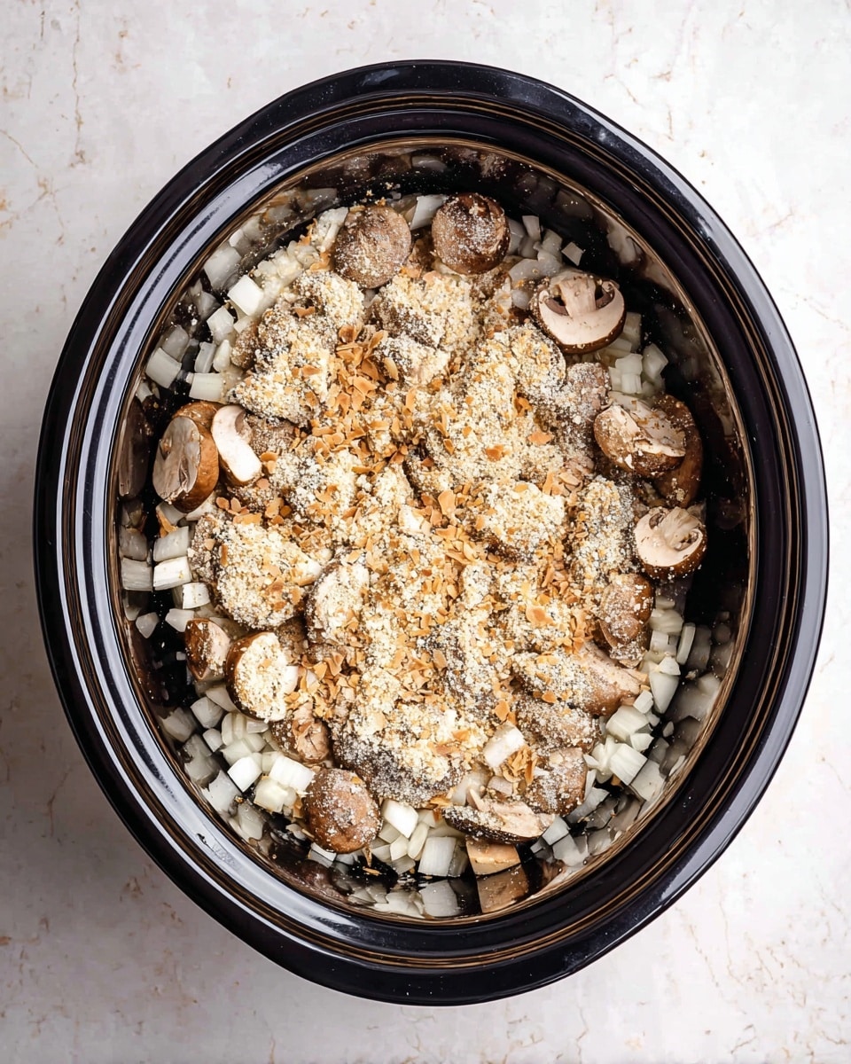 The image shows a black slow cooker filled with three visible layers of ingredients. The bottom layer is made of small white diced onions scattered all over. On top of that, there is a layer of whole mushrooms with light brown caps and white undersides. The top layer is a light beige seasoning powder mixed with small bits of toasted flakes unevenly spread across the mushrooms. The cooker is set on a white marbled textured surface. Photo taken with an iphone --ar 4:5 --v 7