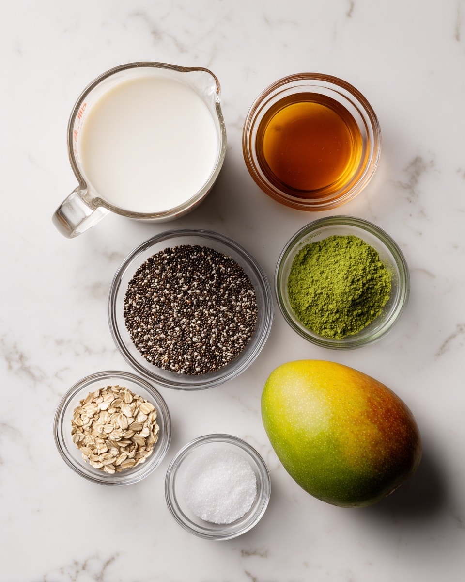 The image shows seven separate ingredients on a white marbled surface. At the top left, a clear glass measuring cup holds white oat milk. To its right, a small clear glass bowl contains amber-colored maple syrup. Below the measuring cup, a larger clear glass bowl is filled with dark brown and white chia seeds. Next to the chia seeds, on the right side, a small clear glass bowl contains bright green matcha powder, and below that, another small clear glass bowl holds light tan ground ginger. Toward the bottom left, a tiny clear glass bowl holds white salt. At the bottom right corner, there is a whole mango with green and yellow skin. Each ingredient is clearly separated and labeled. Photo taken with an iphone --ar 4:5 --v 7