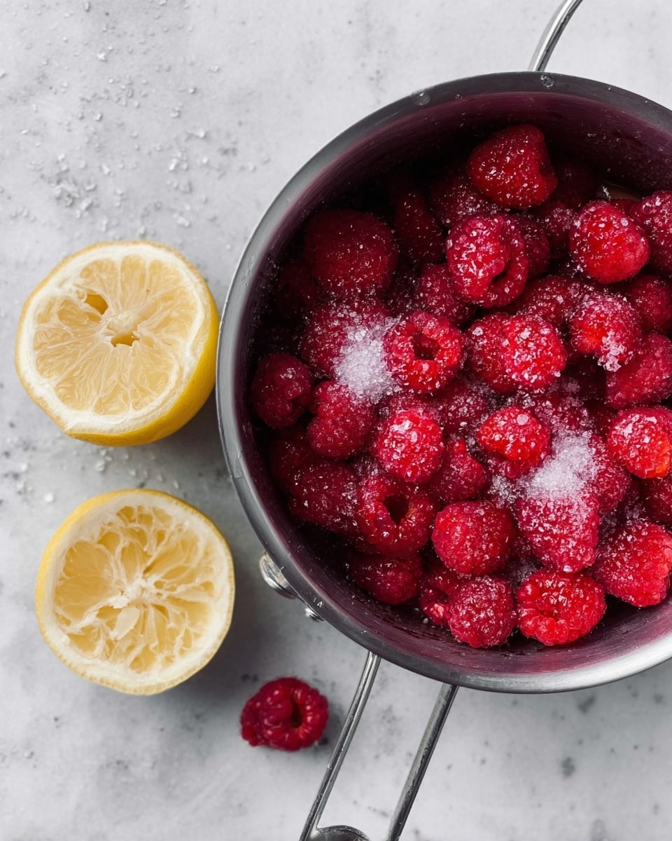 A metal pot filled with bright red raspberries covered with white granulated sugar crystals, some berries showing texture and small frost spots, sits on a white marbled surface. Next to the pot, two squeezed lemon halves with pale yellow flesh and uneven edges lie flat. The photo is taken from above, capturing the vibrant colors and varied textures of the raspberries, sugar, and lemons. Photo taken with an iphone --ar 4:5 --v 7