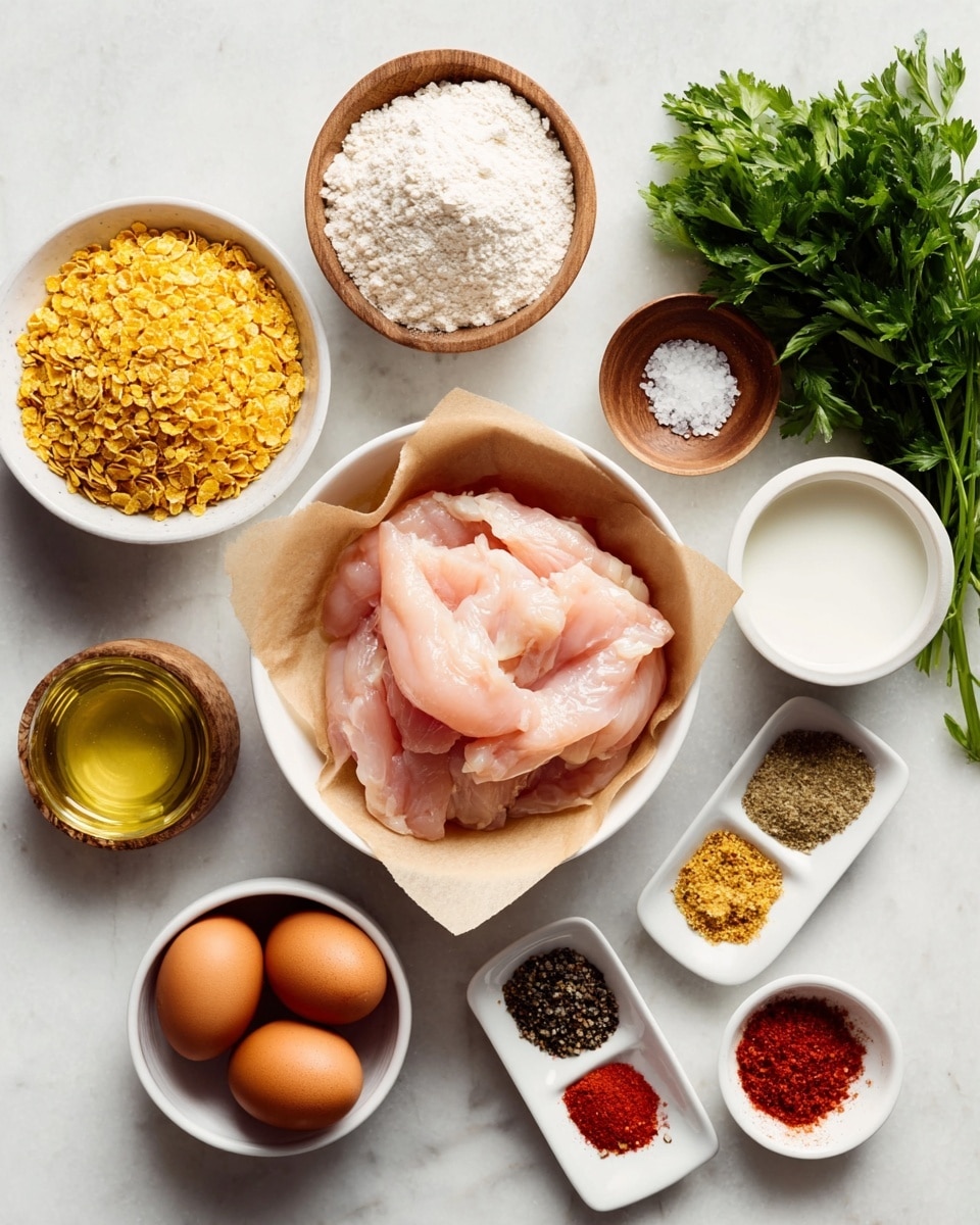 The image shows a white bowl in the center, lined with brown paper and filled with raw light pink chicken strips. Around it are several small white bowls and dishes containing different ingredients: a bowl with bright yellow crushed corn flakes at the bottom left, a bowl with two brown eggs at the bottom right, a bowl with white flour above the eggs, a bowl with a white liquid at the top right, and small white dishes with red, yellow, and light brown spices arranged vertically on the left side. There are also two small wooden bowls with salt and black pepper near the top center, and fresh green parsley on the top right corner. All items are on a white marbled surface. photo taken with an iphone --ar 4:5 --v 7