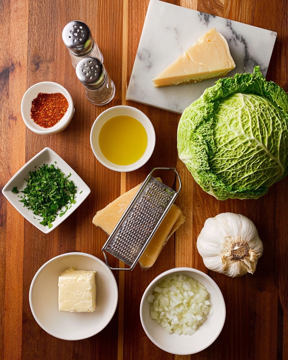 The image shows a variety of fresh ingredients arranged neatly on a wooden surface with a white marbled texture background. On the top right, there is a whole green cabbage with visible leafy texture. Next to it, towards the center are two small white bowls, one with a golden yellow liquid (likely oil) and the other with a creamy white sauce or milk. A pair of salt and pepper shakers are placed near the top center above the bowls. Moving downwards, a wedge of pale yellow cheese rests on a metal grater with a wooden handle. Below the cheese is a whole garlic bulb with smooth white skin. To the right, a small white bowl contains chopped white onions. Near the bottom left, a small piece of pale yellow butter lies in a tiny white bowl. On the top left, two small white square dishes hold bright red spice powder and finely chopped green herbs. The scene captures clean, fresh ingredients ready for cooking. Photo taken with an iphone --ar 4:5 --v 7