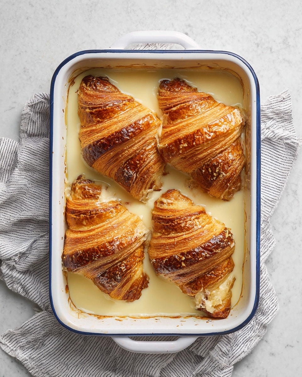 Four browned croissants float in a creamy yellow sauce inside a white rectangular baking dish with blue trim, resting on a white marbled surface with a striped cloth nearby. Each croissant has a shiny, flaky texture with visible layers of golden brown pastry, slightly separated at the edges, partially soaked by the smooth sauce around them. The sauce fills the dish about halfway, creating a wet, glossy base that contrasts with the dry croissant tops. Photo taken with an iphone --ar 4:5 --v 7