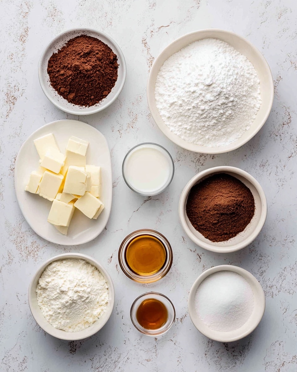 The image shows eight white bowls and one white plate arranged on a white marbled surface. The top left bowl holds dark brown cocoa powder with a slightly coarse texture. To its right is a large bowl filled with light and fluffy white powdered sugar. Below the cocoa powder is a small glass bowl filled with white liquid, possibly milk. The center white plate holds three pieces: one larger block of white cream cheese and two smaller chunks of pale yellow butter. Below the plate is a bowl with white flour, and to its right is a bowl filled with dark brown soft brown sugar. Next to the large bowl of powdered sugar is a small bowl with amber-colored vanilla extract. Finally, below this is a small bowl with white granulated sugar, and next to it is another bowl with white salt or baking powder. The setup is neat and ready for baking. photo taken with an iphone --ar 4:5 --v 7