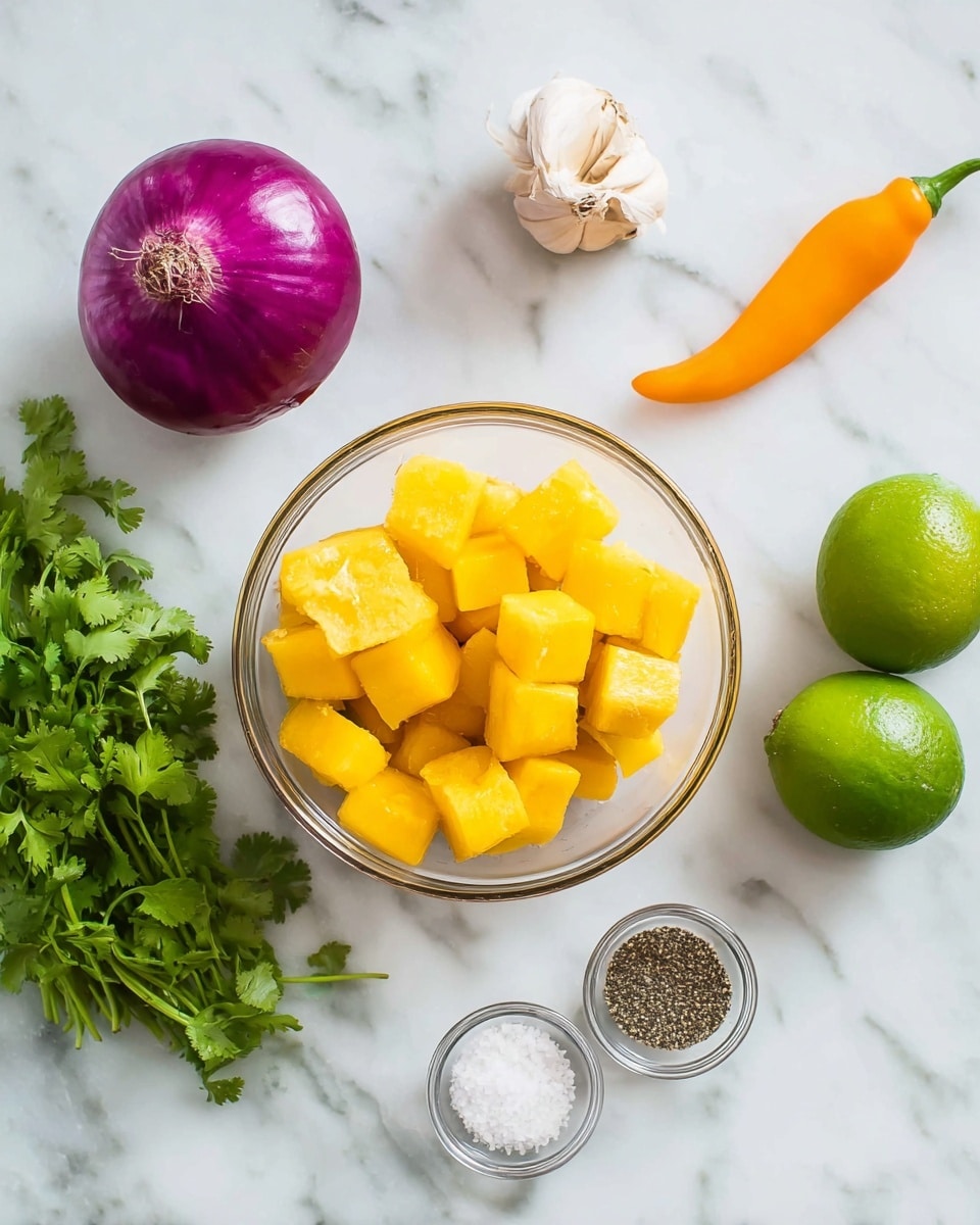 In the center of a white marbled surface, there is a clear glass bowl filled with bright yellow cubed fruit pieces. To the left of the bowl, a whole purple-red onion is placed. Above the bowl, a single peeled garlic clove and an orange chili pepper lay side by side. To the right of the bowl, two green limes are positioned close together. Near the bottom right corner, two small clear containers hold black pepper and white salt. In the bottom left corner, fresh cilantro leaves and stems extend slightly into the frame. The photo is clear and bright, taken with an iphone --ar 4:5 --v 7