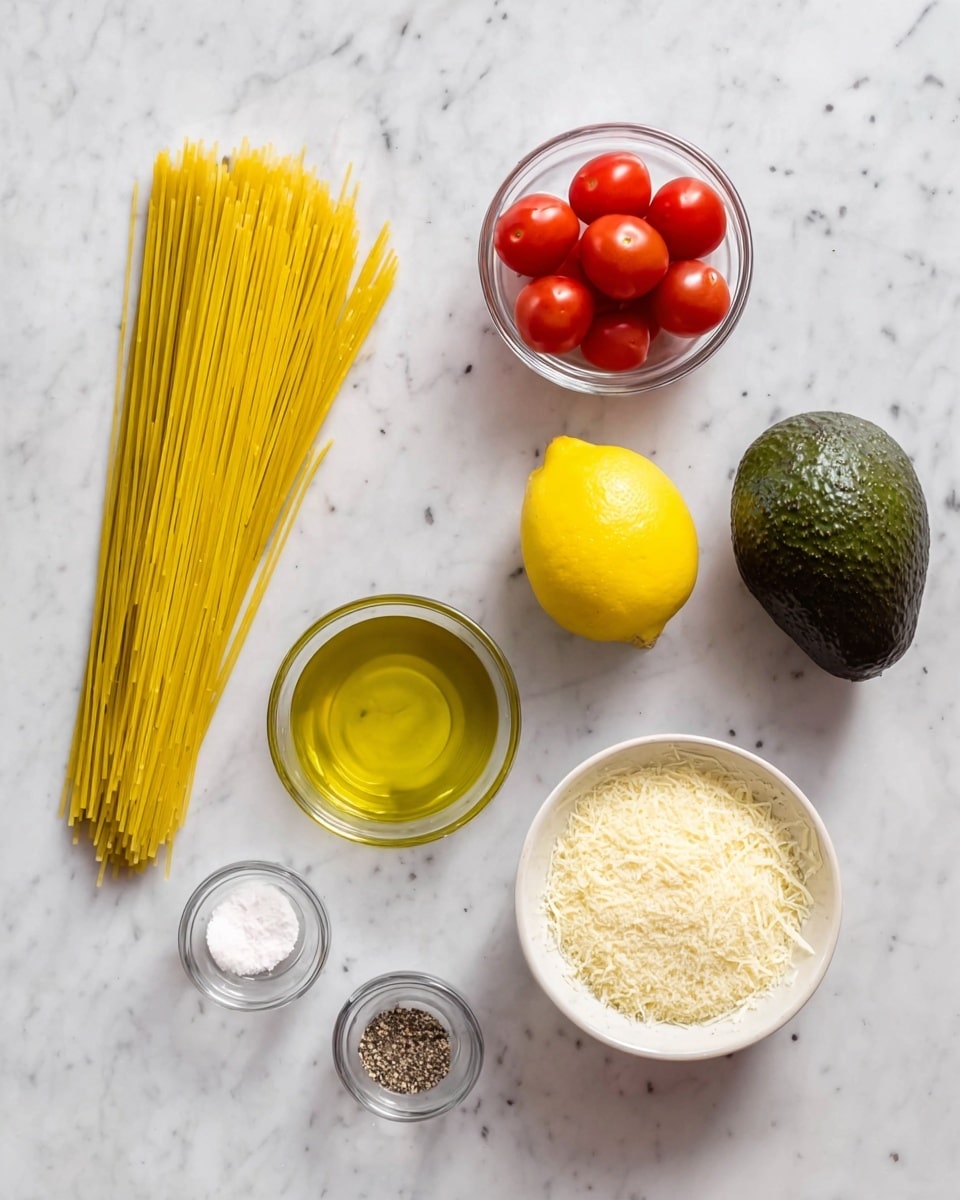 On a white marbled surface, there is a long pile of uncooked yellow pasta on the left. To the right of it, a dark green avocado sits near a small clear glass bowl holding bright red cherry tomatoes. Above the avocado, a whole yellow lemon is placed. Towards the bottom right, a white bowl filled with light-colored grated cheese is next to a small clear glass bowl with golden yellow olive oil. Above these, two small clear bowls hold coarse salt and black pepper. The arrangement is neat and simple, showing fresh ingredients clearly photo taken with an iphone --ar 4:5 --v 7