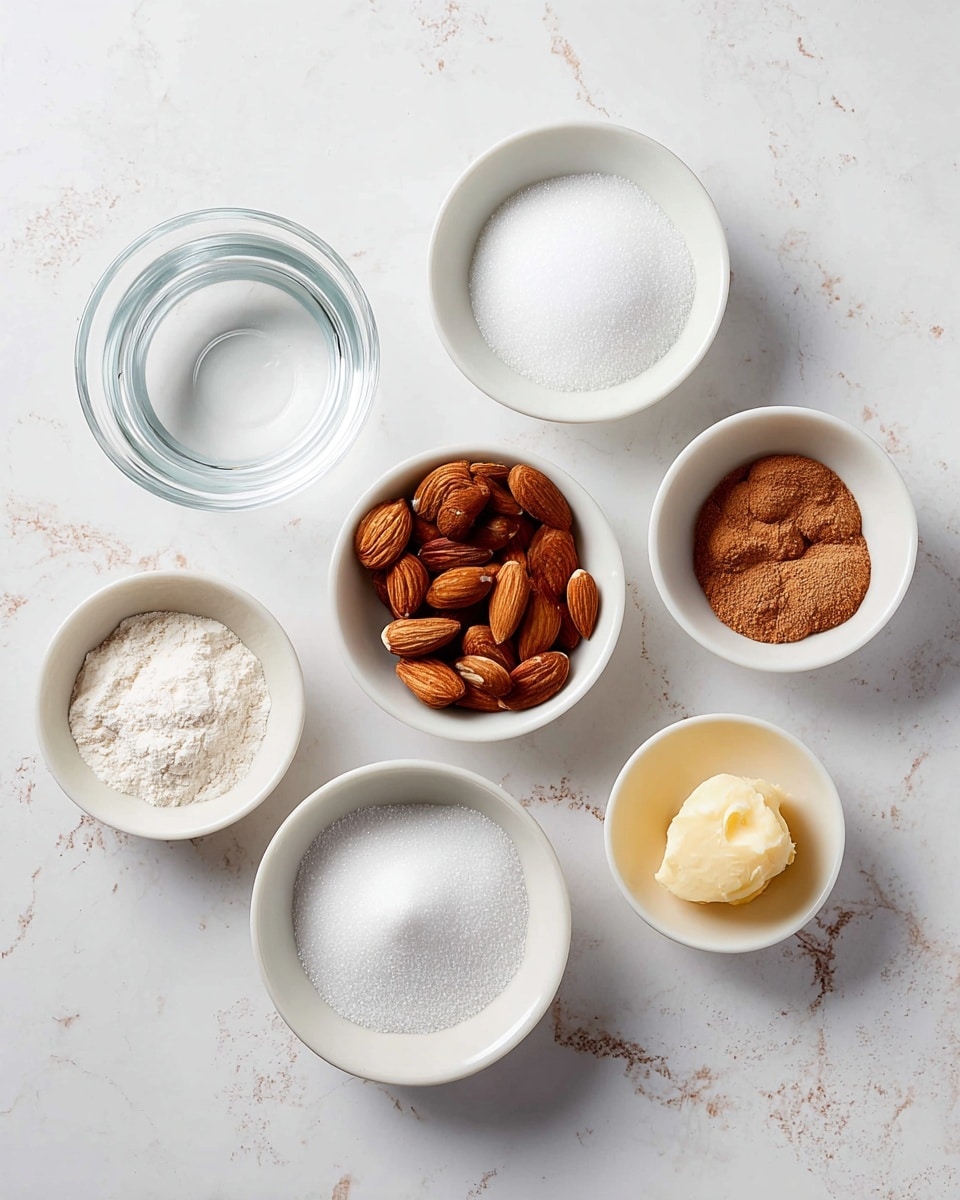 Seven small white bowls are placed on a white marbled surface, each holding different ingredients. Starting from the top left and moving clockwise, the first bowl holds clear water, the second holds white granulated sugar, the third is filled with whole brown almonds, the fourth contains a light brown liquid, the fifth has white powder, the sixth contains more white powder, and the seventh bowl holds a small dollop of pale yellow butter. The bowls vary slightly in texture and size but are all white, and the light casts soft shadows around them. photo taken with an iphone --ar 4:5 --v 7