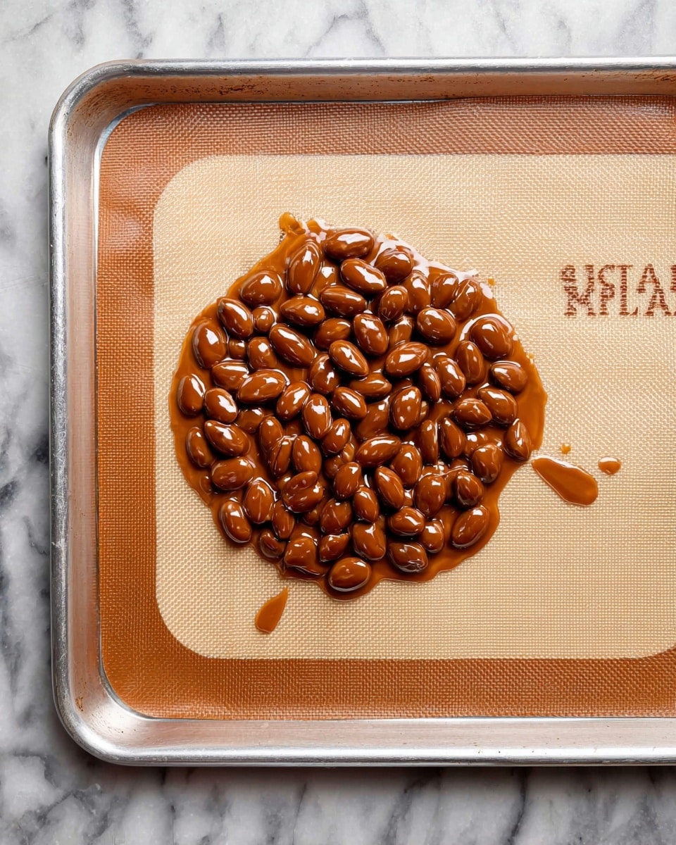 A cluster of shiny, brown almonds coated in a caramel-like glossy layer sits in the center of a beige silicone baking mat lined on a metal baking tray. The almonds are tightly packed, forming a rough circular shape with some almonds slightly overlapping and others spaced closely together. The texture of the caramel coating is smooth and reflective, highlighting the oily shine on each almond, with a few small drips extending slightly beyond the main cluster. The tray lies on a white marbled surface. photo taken with an iphone --ar 4:5 --v 7