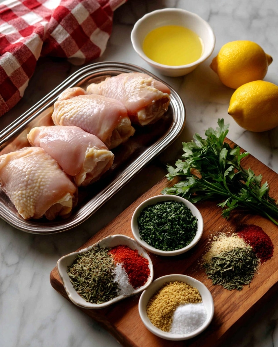 The image shows a silver tray with four raw chicken pieces arranged in a row on top left. Below the tray, a wooden cutting board holds seven herbs and spices in small piles: green parsley at the center top, darker green dill to its right center, pale green oregano on the bottom right, dark green basil near the bottom center, red paprika on the bottom left, light beige garlic powder on the left center, and white salt with black pepper to the right side near the edge. A whole bright yellow lemon and a small white bowl with pale yellow lemon juice sit above the wooden board. The background is a white marbled surface with a red and white checkered cloth peeking from the left side. Photo taken with an iphone --ar 4:5 --v 7