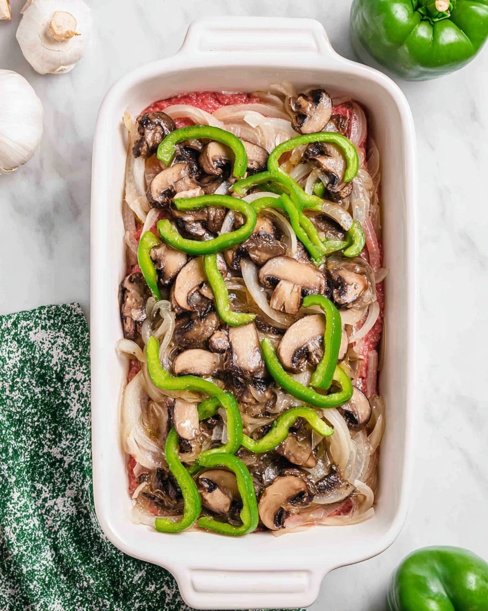 The image shows a white rectangular dish filled with three visible layers. The bottom layer is raw meat with a pinkish-red color, mostly hidden under the other layers. The middle layer includes sliced white onions, which are slightly cooked and soft. The top layer has sautéed mushrooms in shades of brown and slices of bright green bell peppers scattered across evenly. The dish sits on a white marbled surface with parts of a green and white cloth visible at the bottom right and a green bell pepper in the upper right corner. Photo taken with an iphone --ar 4:5 --v 7