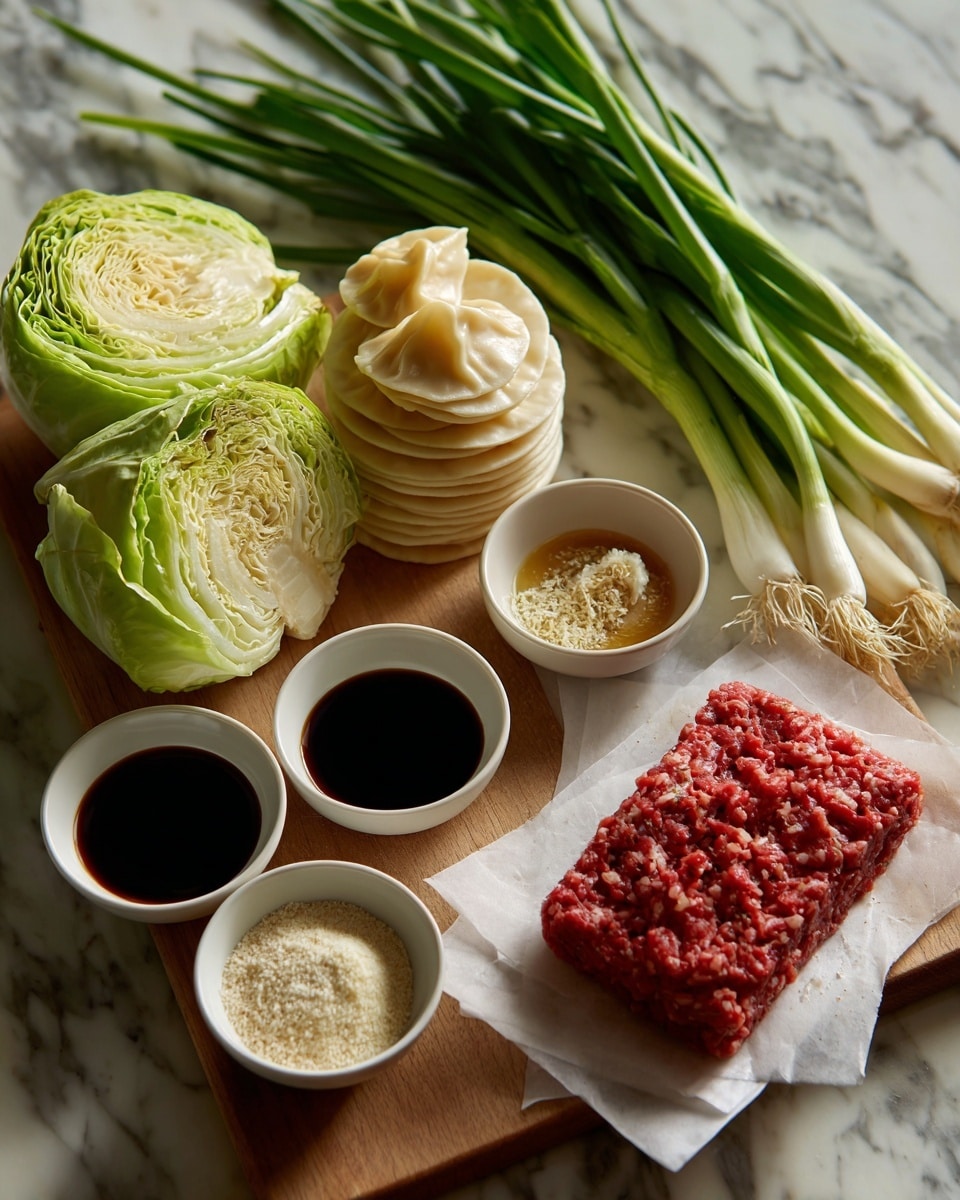 The image shows the ingredients for making gyoza arranged neatly on a white marbled surface. On the right side, there is a rectangular slab of raw ground meat resting on white parchment paper, with a deep red and textured look. Below it, three white small bowls hold dark soy sauce, light brown sesame oil, and white garlic powder with a fine texture. On the left, there are two halves of light green cabbage showing layers of tightly packed leaves. Next to the cabbage, thin round white gyoza wrappers are stacked. Above them, a bunch of fresh green onions with long, slender green stalks and white bulbs lies diagonally from bottom left to top left. The word