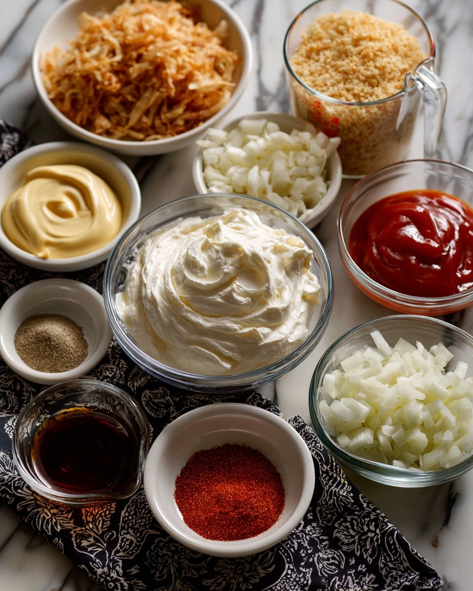 In the center, there is a clear glass bowl with a thick white creamy layer of cream cheese. Surrounding it are smaller white bowls and a clear measuring cup arranged in a circle on a white marbled surface with a decorative black and white printed cloth underneath some bowls. The smaller bowls hold different ingredients: light yellow mayonnaise, ground black pepper, smooth light beige horseradish, white salt, bright red ketchup, dark brown Worcestershire sauce, finely chopped white onion, and crispy light brown fried onions. There is also a clear measuring cup filled with light golden panko crumbs, and a small white bowl with a mix of red paprika, pale garlic powder, and deep orange cayenne powder. Photo taken with an iphone --ar 4:5 --v 7
