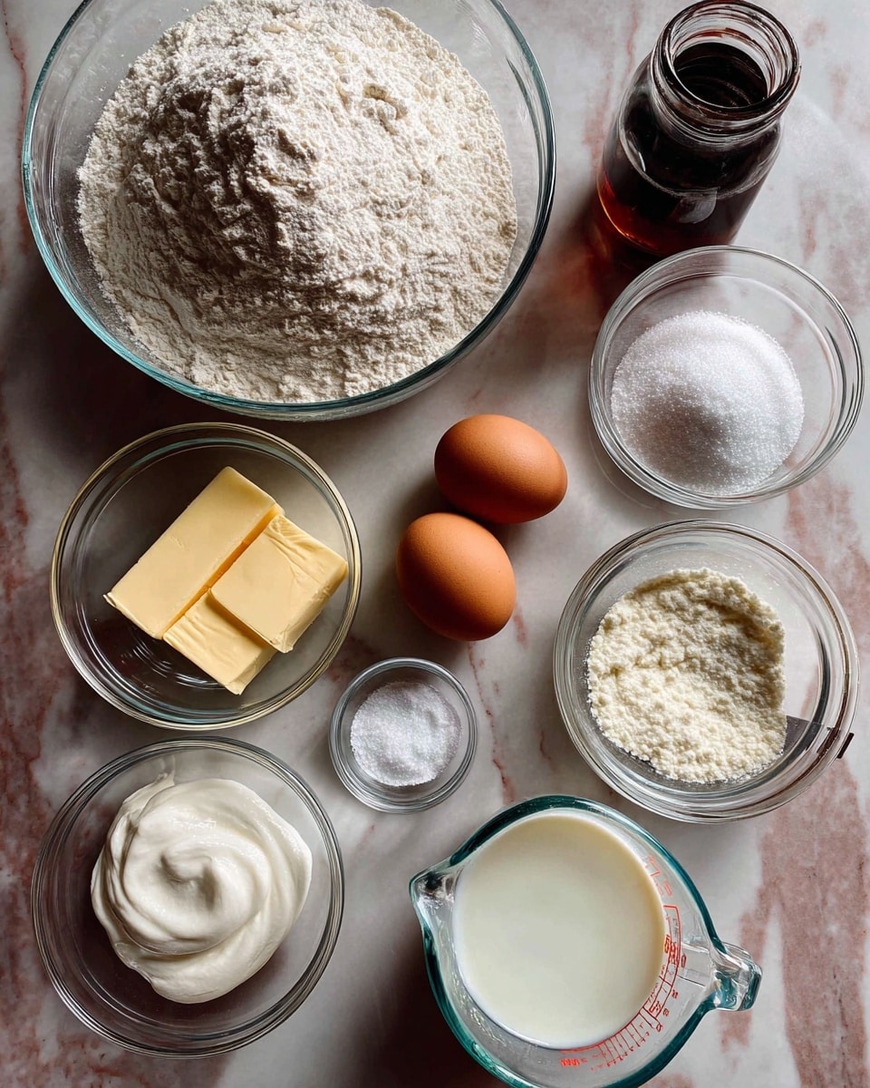 The image shows several clear glass bowls and a measuring cup placed on a white marbled surface. There is a large bowl filled with white flour at the top. Next to it is a medium bowl filled with white sugar. Two brown eggs rest on the surface beside a small bowl holding two sticks of yellow butter. A tiny bowl contains white powder, likely baking soda and baking powder. Below is a small bowl with smooth white yogurt, and beside it, a clear bowl has a small amount of clear oil. At the bottom right, a glass measuring cup is filled with white milk. A dark brown bottle with a black cap is also visible near the bowls. The setup is arranged neatly for baking ingredients. Photo taken with an iphone --ar 4:5 --v 7