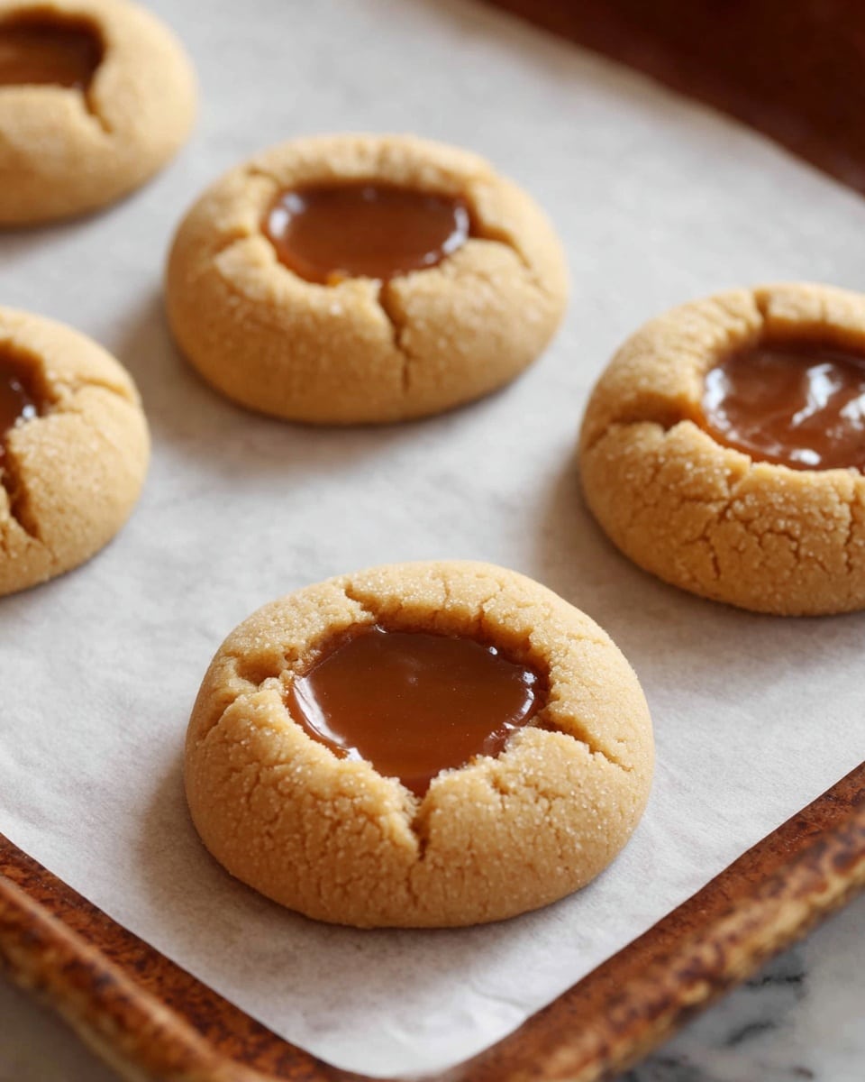 The image shows four round cookies on white parchment paper, placed over a wooden tray. Each cookie has one thick layer with a light brown dough that looks soft and slightly cracked. There is a small, smooth well carved in the middle of each cookie, filled with a darker brown filling that is shiny and smooth, creating a neat contrast with the dough. The background is a white marbled texture. photo taken with an iphone --ar 4:5 --v 7