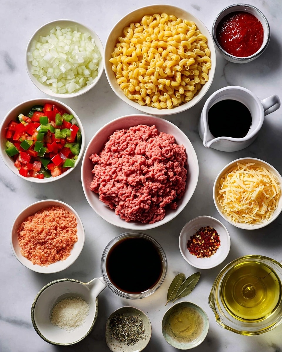 The image shows various ingredients arranged neatly on a white marbled surface, each in separate white bowls or containers. At the center, there is a bowl filled with pink ground meat, textured with visible strands. Above it, a bowl holds yellow uncooked elbow macaroni, displaying its curved tube shape. To the left, a bowl contains finely chopped onions with a slightly translucent white color, and another bowl holds a mix of diced red and green bell peppers, adding vibrant reds and greens. Nearby, there is a bowl with shredded orange cheese. Small white dishes contain finely minced garlic, dried herbs, red chili flakes, and a couple of bay leaves placed on a dish. There are also two tins open showing crushed tomatoes in red hues, a white cup with golden olive oil, a cup with dark soy sauce, a small bowl with deep red tomato paste, and a glass filled with light yellow broth. The image is well-lit and clean, giving a clear view of the different textures and colors of each ingredient photo taken with an iphone --ar 4:5 --v 7