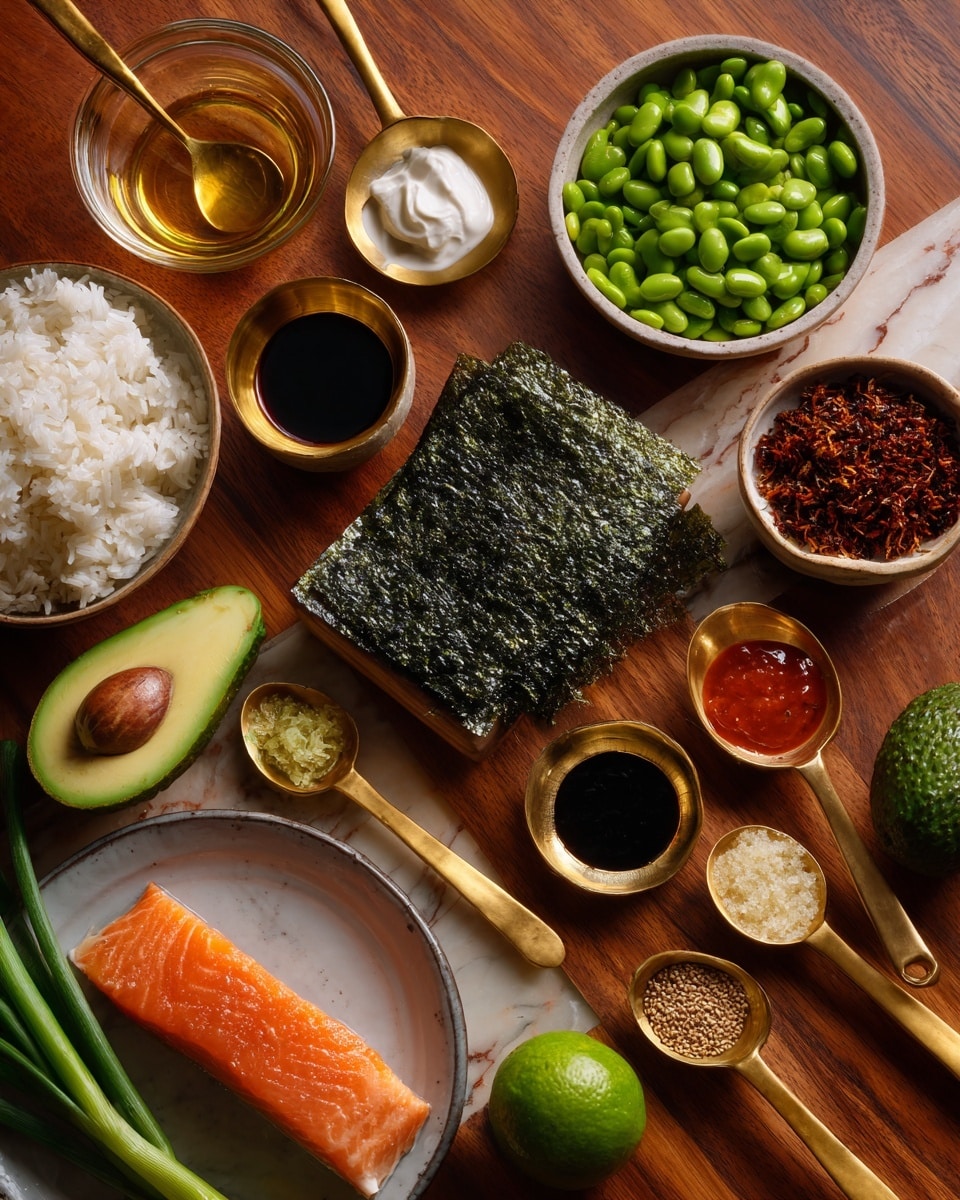 A square dark green nori seaweed sheet lies flat in the center on a wooden textured surface. Surrounding it are various ingredients arranged neatly: at the top left, a small clear bowl with light brown sesame oil, a golden measuring spoon with honey, a golden spoon filled with bright green edamame, and Greek yogurt in a golden measuring cup. To the top right are a wooden spoon with dark red chili crunch, a small golden spoon with black soy sauce, a smaller golden spoon with white salt, and a golden spoon filled with reddish-orange sriracha sauce. Below the seaweed sheet sit an unopened blue salmon tub, a sliced avocado showing dark green skin and lighter green inside, a dark green cucumber, a bright green lime, a white cup with rice vinegar, and two green onions laid side by side. A package of jasmine rice is at the bottom left corner. The whole setup is on a wood table with warm tones changed to a white marbled texture. The photo taken with an iphone --ar 4:5 --v 7