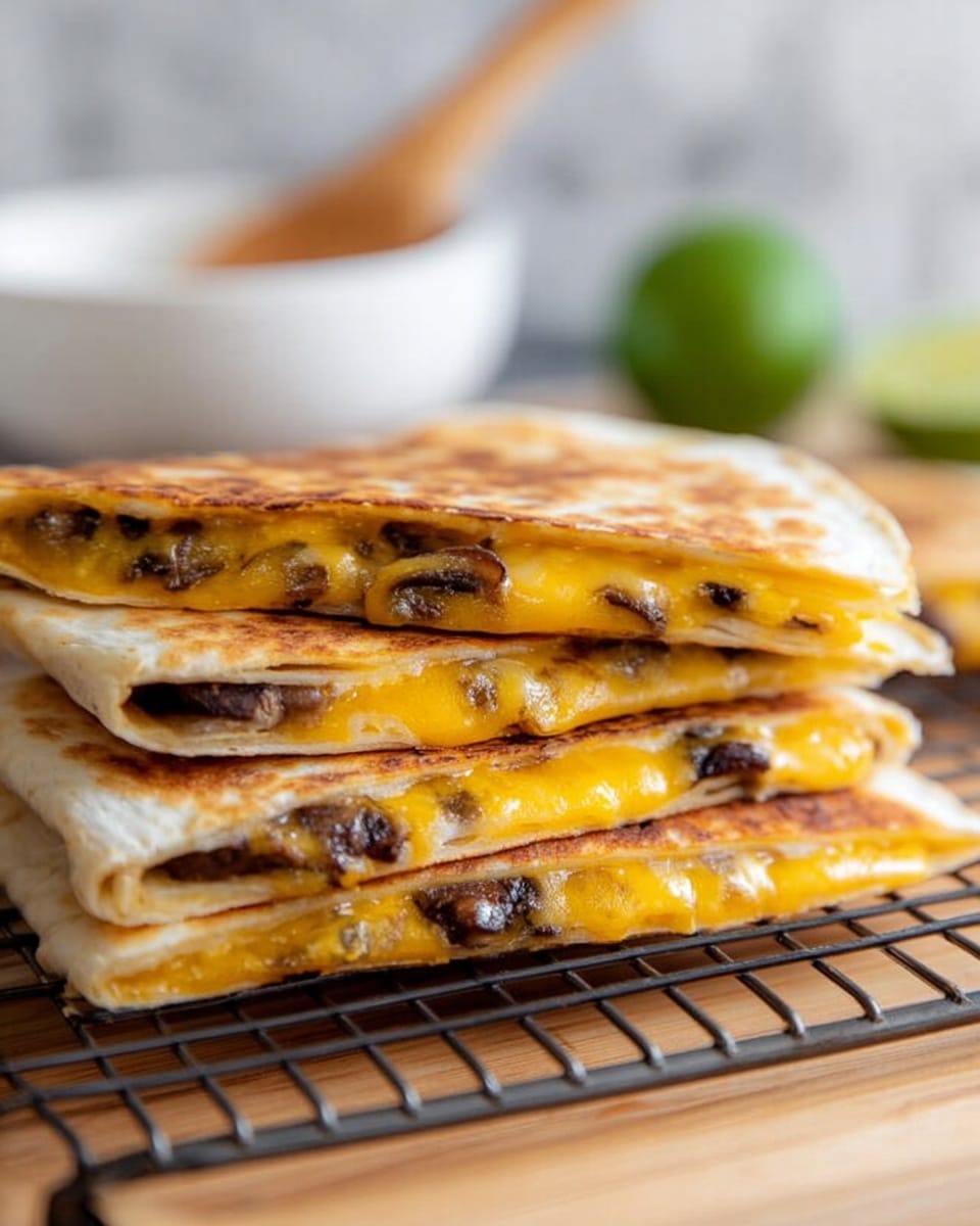 The image shows a stack of three golden-brown quesadilla slices with melted yellow cheese and bits of dark beans or mushrooms inside. The quesadillas have a crispy, slightly toasted texture on the outside and are placed on a wire cooling rack above a light wood surface. In the background, there is a blurred white bowl with a wooden spatula and a green lime half on a white marbled surface. The layers consist of a crispy outer tortilla, a thick layer of melted cheese, and chunks of dark filling, stacked diagonally with the top slice slightly lifted to show the inside. Photo taken with an iphone --ar 4:5 --v 7