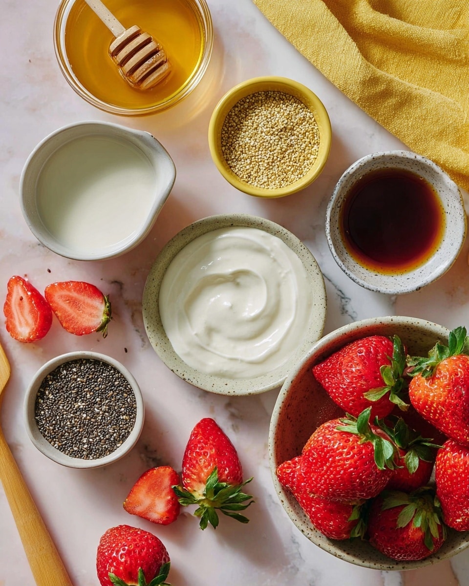 The image shows a flat lay of several small white bowls and dishes on a white marbled surface. One bowl is filled with red strawberries with green leaves on top, placed toward the right side. Above it is a small white bowl with a smooth white liquid, and next to it is a small white dish with a dark brown liquid. To the left, there is a small white bowl with a swirl of white creamy yogurt and above it a yellow bowl filled with small tan chia seeds. Near the top is a small white dish with golden honey. There are halved and whole strawberries scattered around on the surface alongside a yellow cloth and a wooden spatula with a beige top handle on the left. photo taken with an iphone --ar 4:5 --v 7