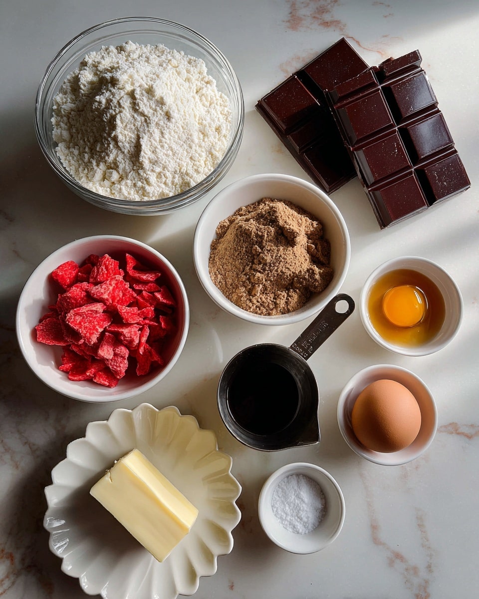 The image shows various baking ingredients arranged neatly on a white marbled surface. At the top center, there is a clear glass bowl filled with white flour. Below it, a white bowl holds bright red freeze-dried strawberry slices. To its left, another white bowl contains light brown brown sugar. On the right side near the top, two dark chocolate bars with square segments are placed directly on the surface. Below the bowls, there is a white scalloped plate with a stick of pale yellow butter. A small metal measuring cup filled with dark liquid, likely vanilla or syrup, lies nearby. On the right side in a line, three small white bowls hold one brown egg, amber-colored liquid with dark flecks, and white powdery salt, respectively. All the items are spread out with clear space around them. Photo taken with an iphone --ar 4:5 --v 7