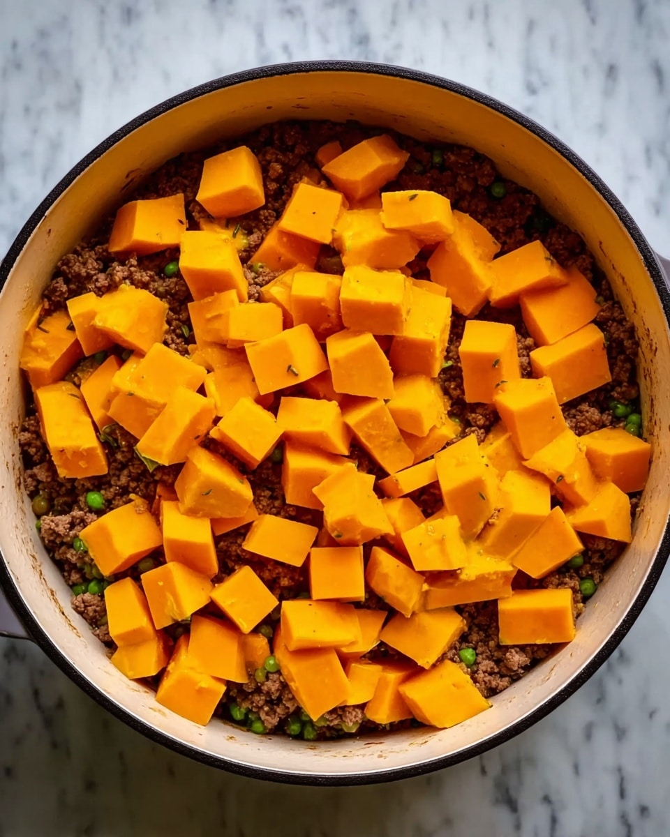 A tall white pot with a black rim is filled with two layers: the bottom layer is cooked brown meat mixed with small green vegetable pieces, while the top layer has many bright orange cubes of butternut squash spread evenly across the surface. The texture looks soft for the meat and firm for the squash. The pot sits on a white marbled surface. Photo taken with an iphone --ar 4:5 --v 7