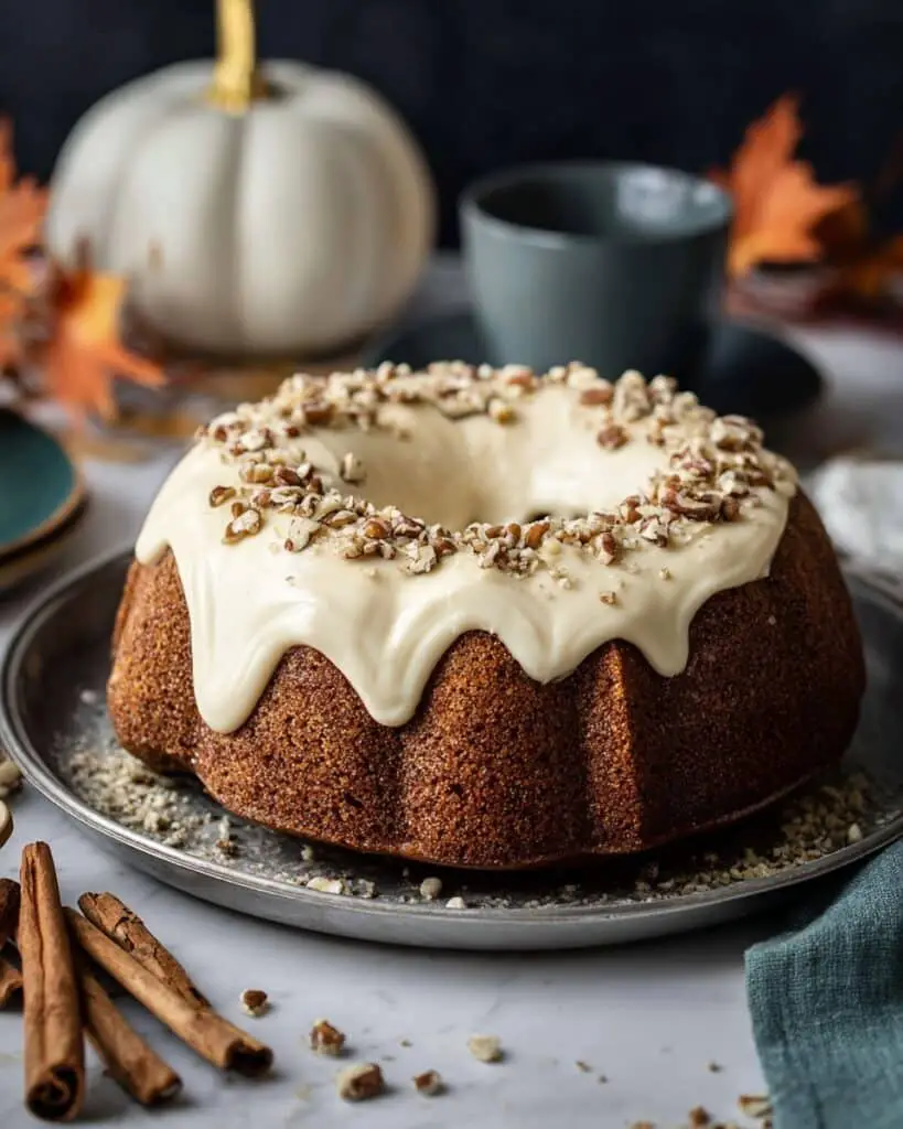 Pumpkin Bundt Cake with Cream Cheese Frosting and Pecans Recipe